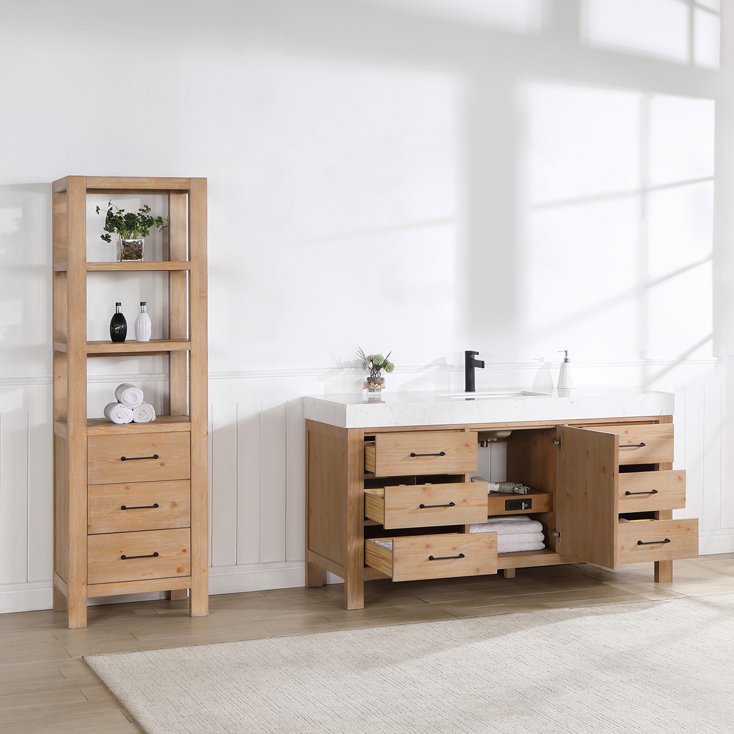 Leon 60" Fir Wood Brown Bathroom Vanity with White Composite Top