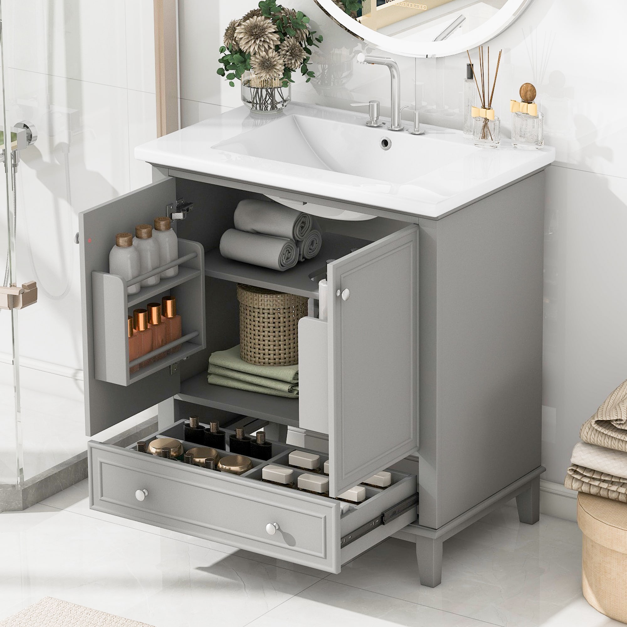 ModernLuxe L3P-N725P221263E 30inch Bathroom Vanity with Sink Combo Multifunctional Bathroom Cabinet with Doors and Drawer Solid Frame and MDF Board Grey