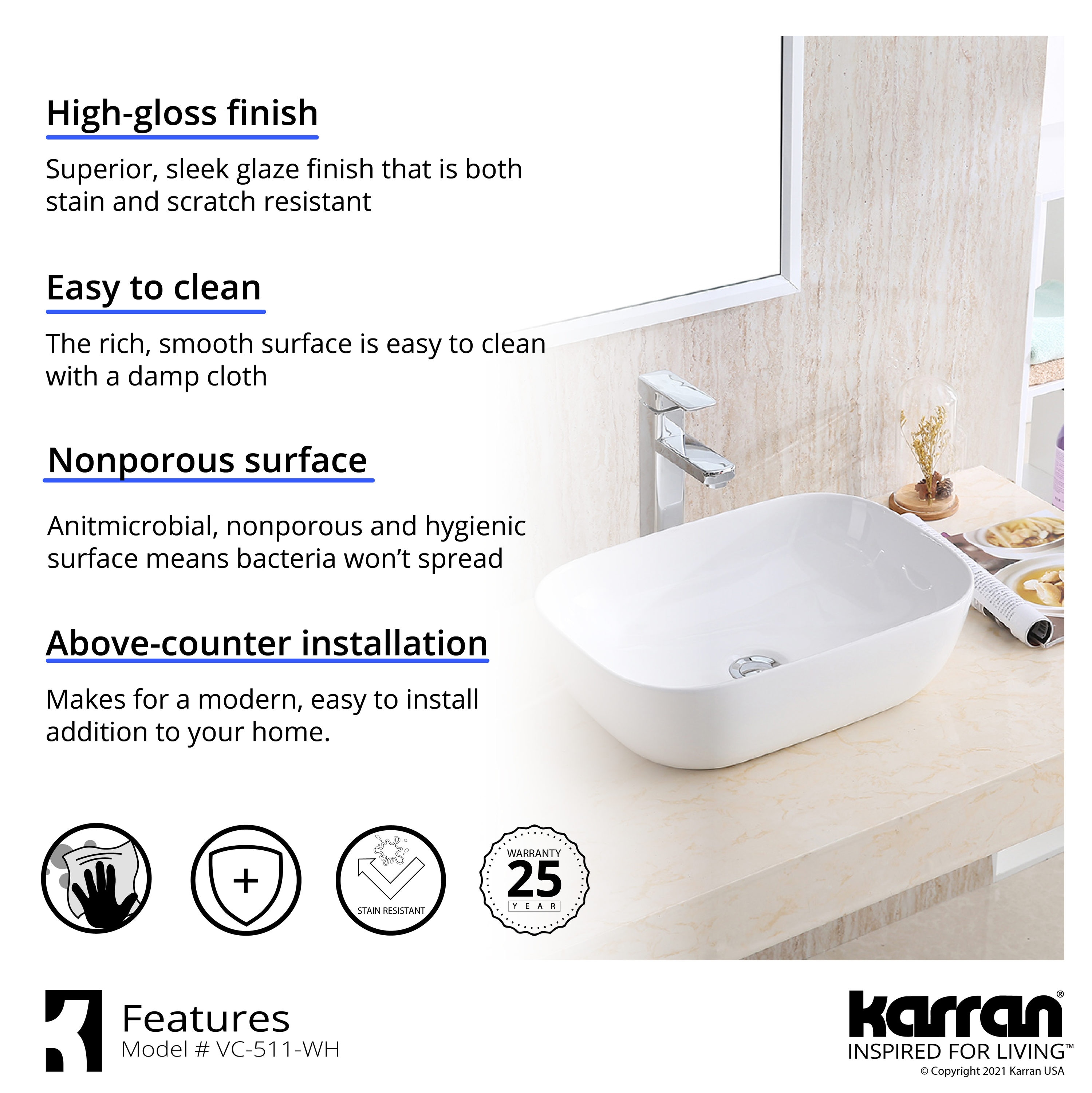 Karran Valera White/Glossy Vessel Rectangular Modern Bathroom Sink (19.875-in x 15.75-in)