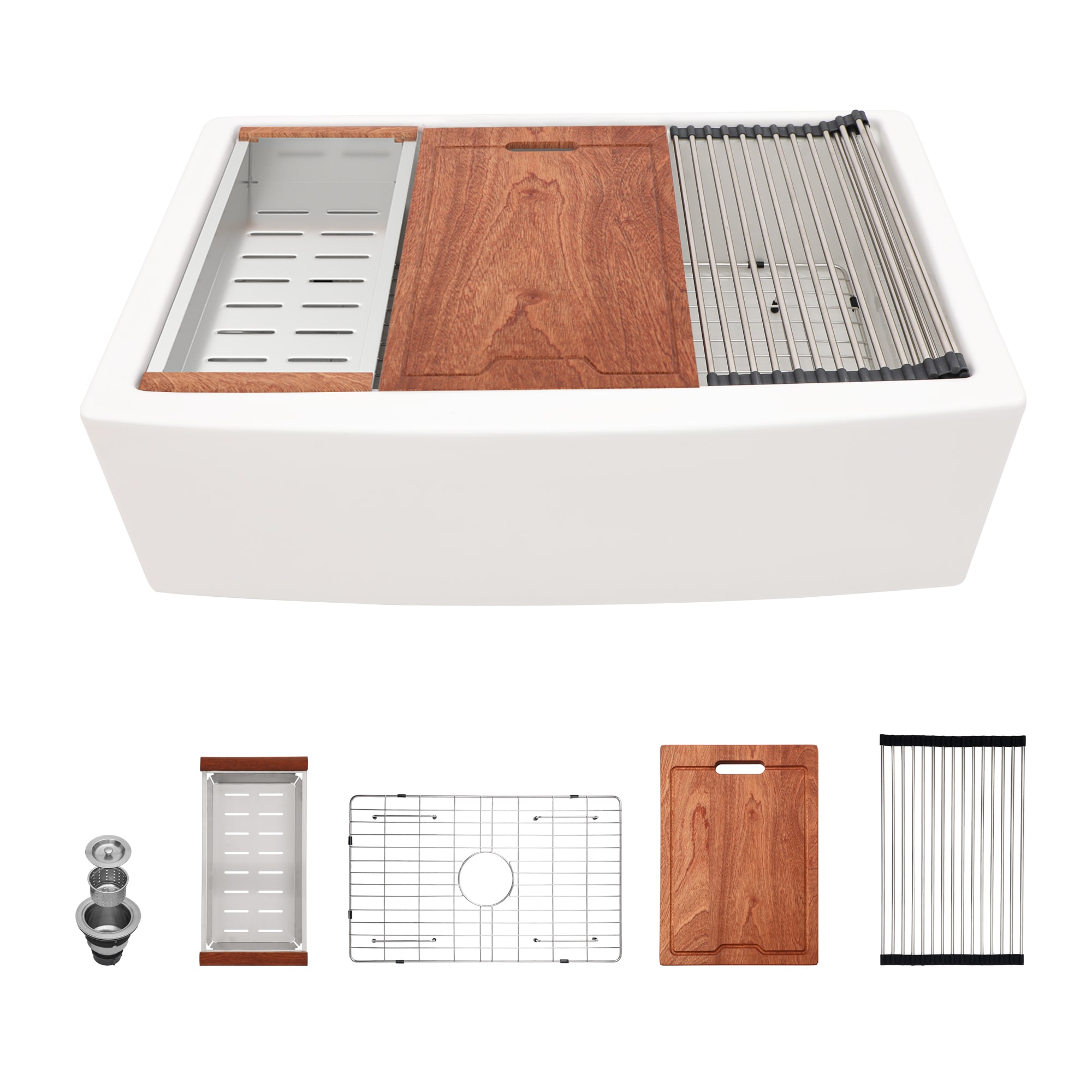 LUXEYARD White Farmhouse Sink Workstation - 33 x 21 x 10 inch White Porcelain Ceramic Single Bowl Farm Kitchen Sink