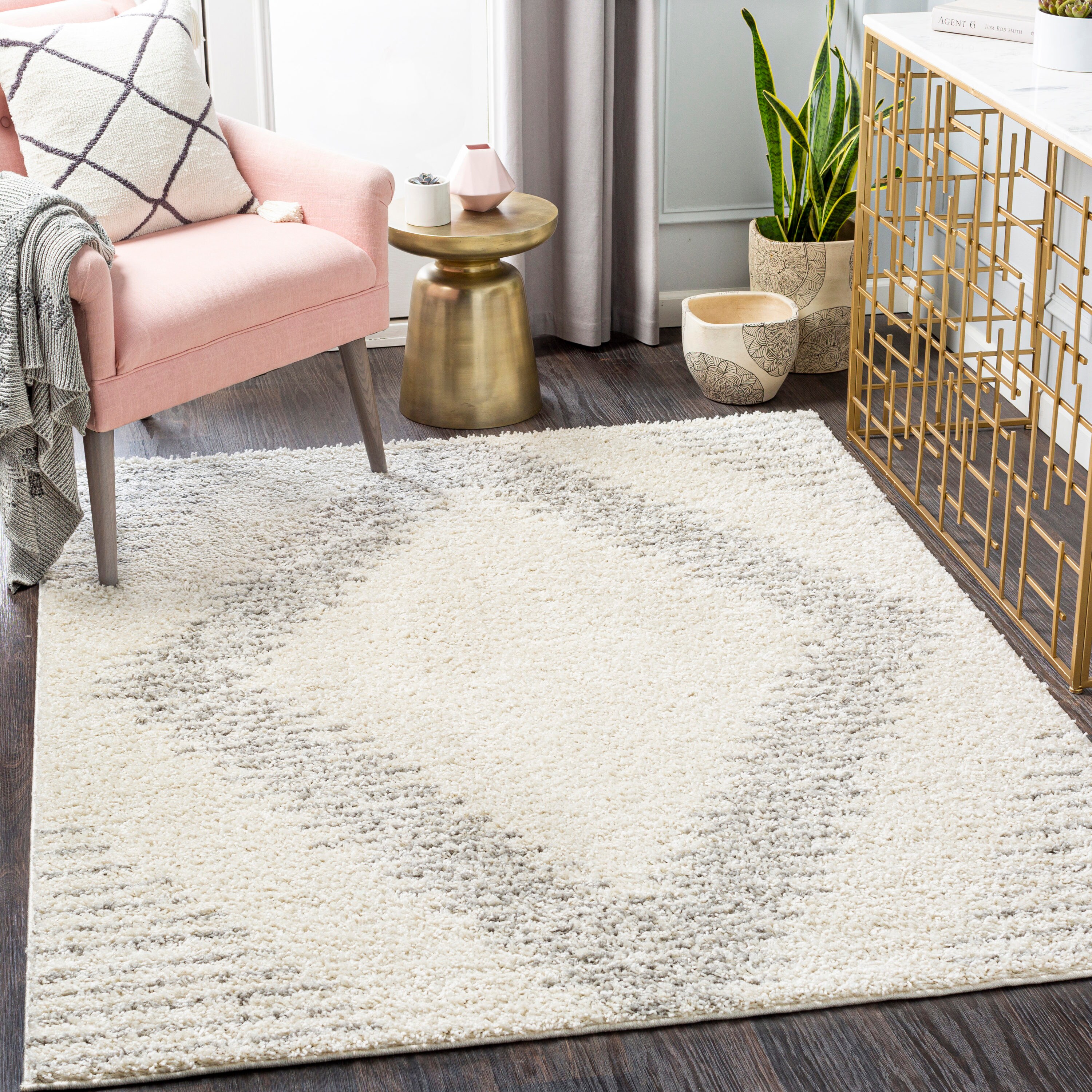 Surya Taza shag 7 x 9 Cream/Gray Indoor Geometric Global Area Rug in ...