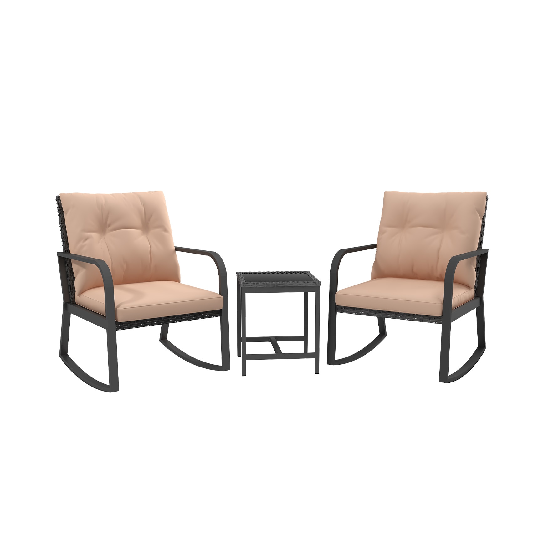 CESICIA QS-049 Patio Chairs Set of 2 Khaki Steel Frame Stationary Rocking Chair with Brown Cushioned Seat