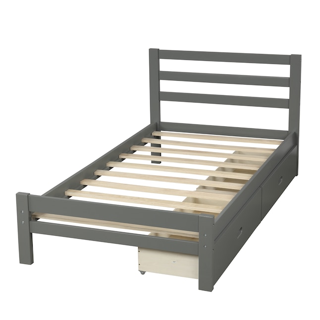 Casainc Wood Platform Bed Gray Twin, Wooden Slat Twin Bed Frame With Storage