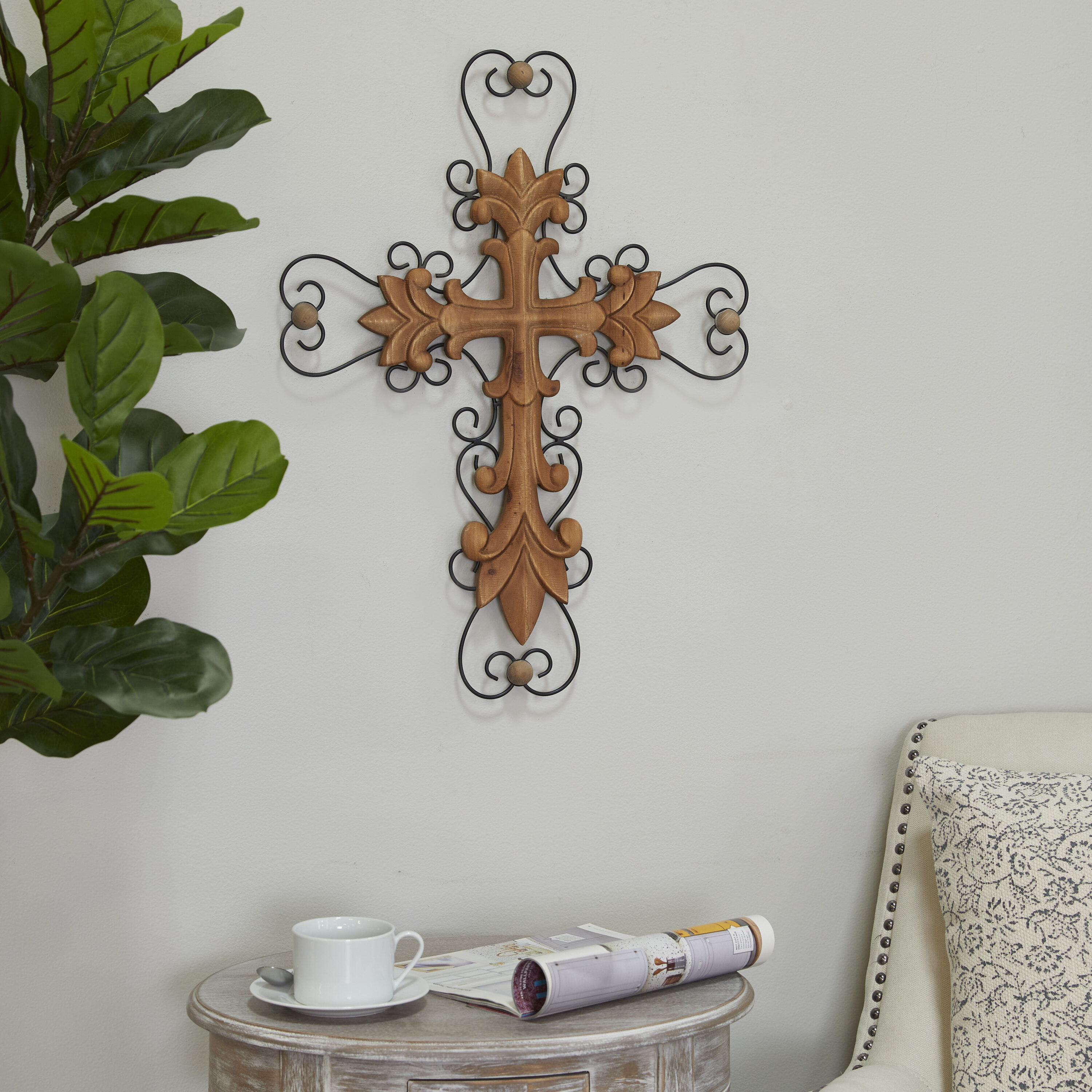 Grayson Lane 18-Inches W x 24-Inches H Wood Carved Cross with Metal Scrollwork Abstract Wall sculpture #95890