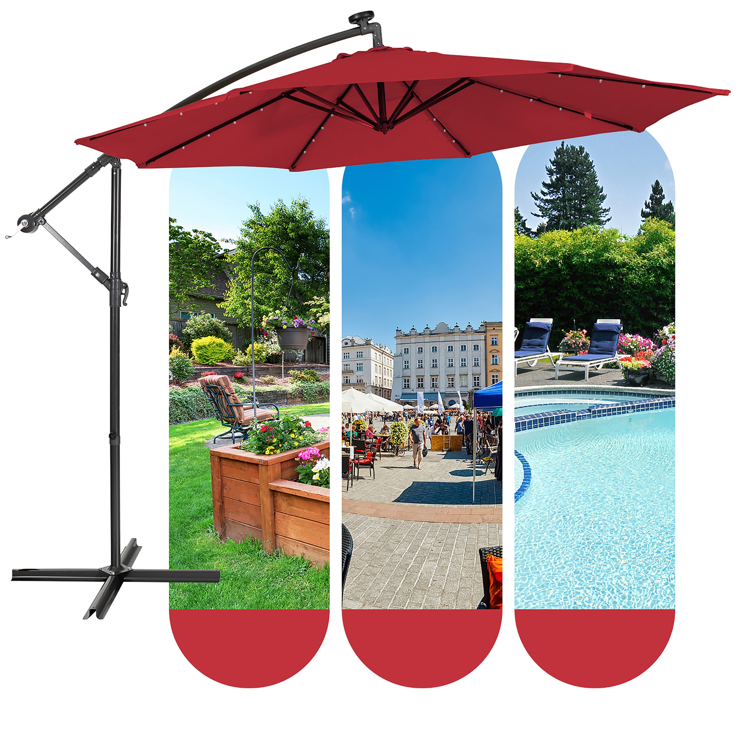Wine Red 10ft Steel Cantilever Patio Umbrella with LED Lights