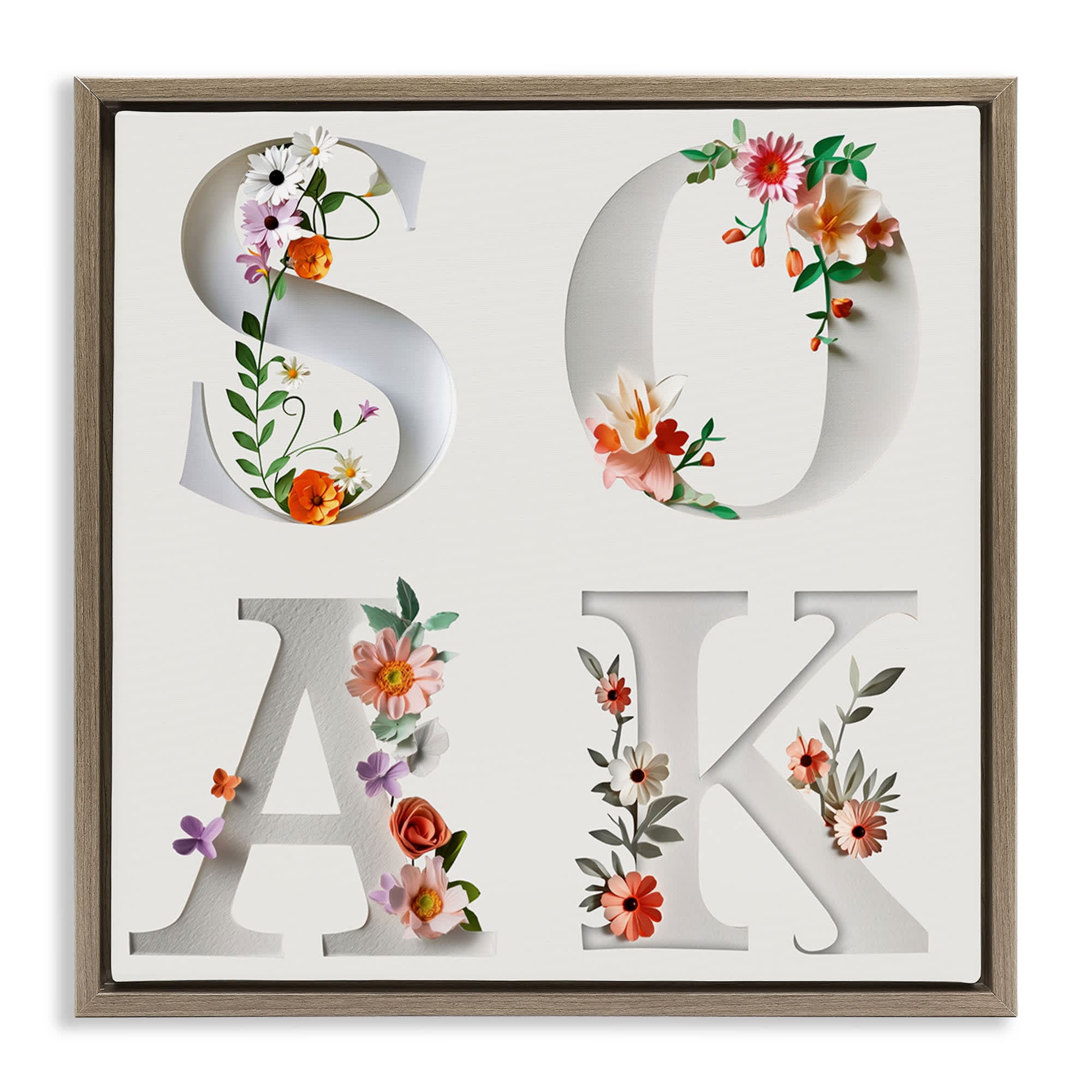 Stupell Industries BT-970-FFE-17X17 Floral Bathroom Soak Letters Brown Framed Floater Canvas Wall Art By Susan Arnot 18 x 18