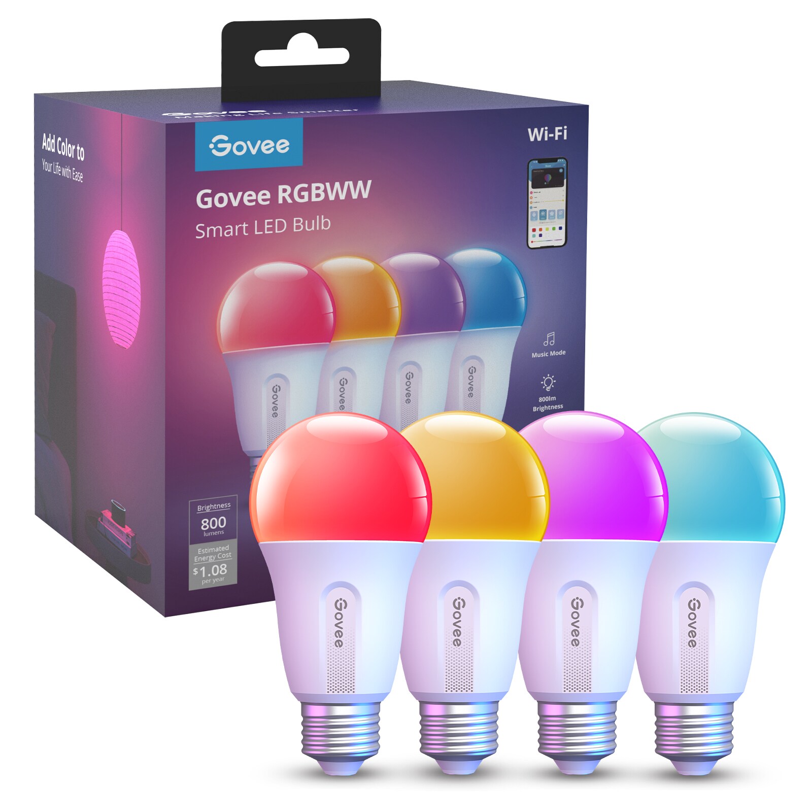 Govee Wi-Fi 800LM RGBWW LED Bulb 4 Pack 60 -Watt EQ A19 Multicolor E26 Dimmable Smart LED General purpose Light Bulb 4 -Pack
