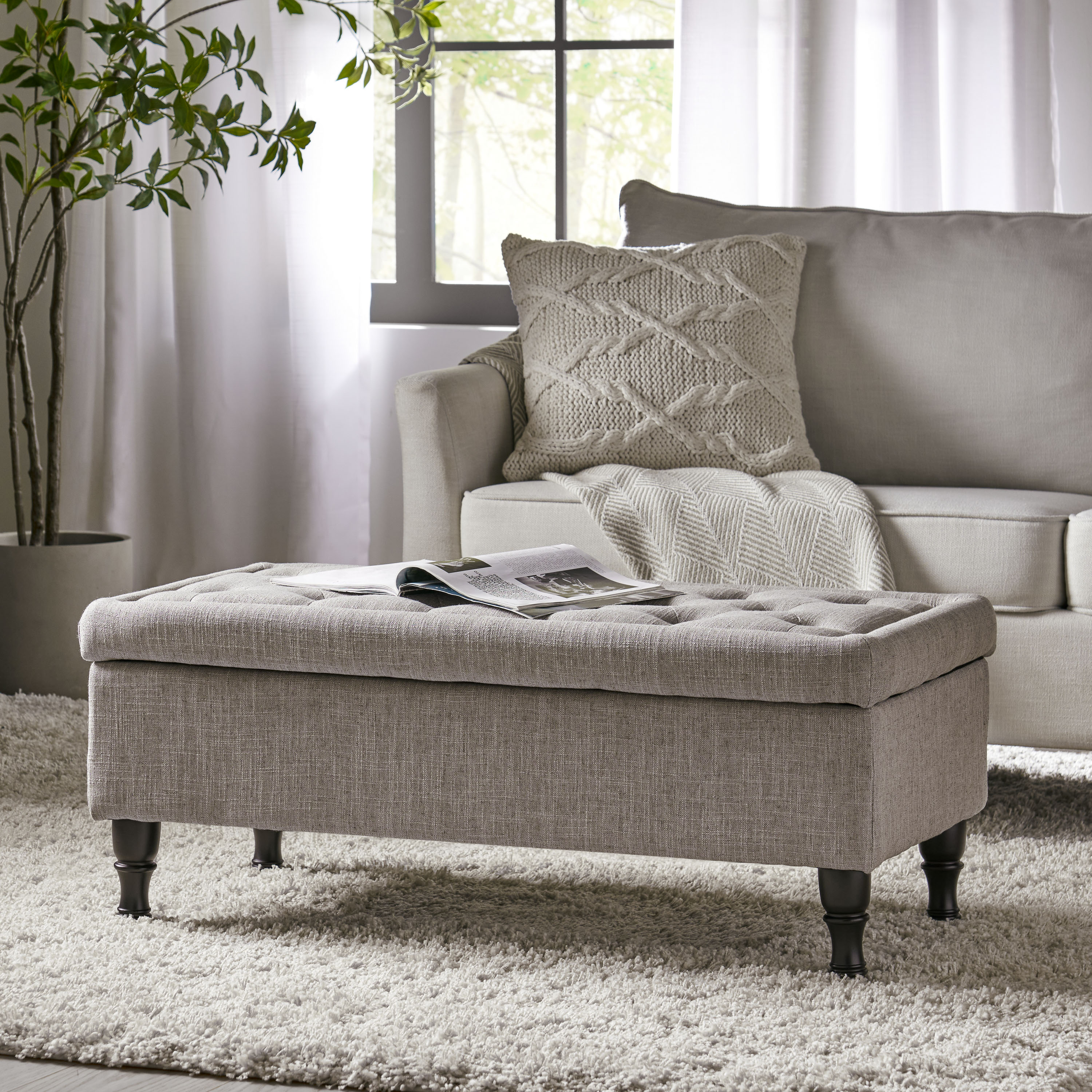 Christopher Knight Home 239307 Hudson Tufted Upholstered Storage Ottoman Bench With Solid Wood Legs Grey