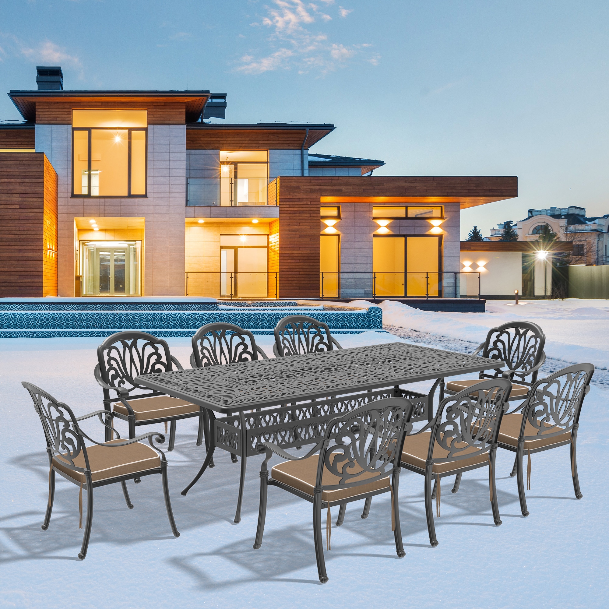nicesure SLBK6002CZ8A1119RC 9 -Piece Black Patio Dining Set Aluminum Rectangle Table with 8 Cushions Stackable Stationary Chairs