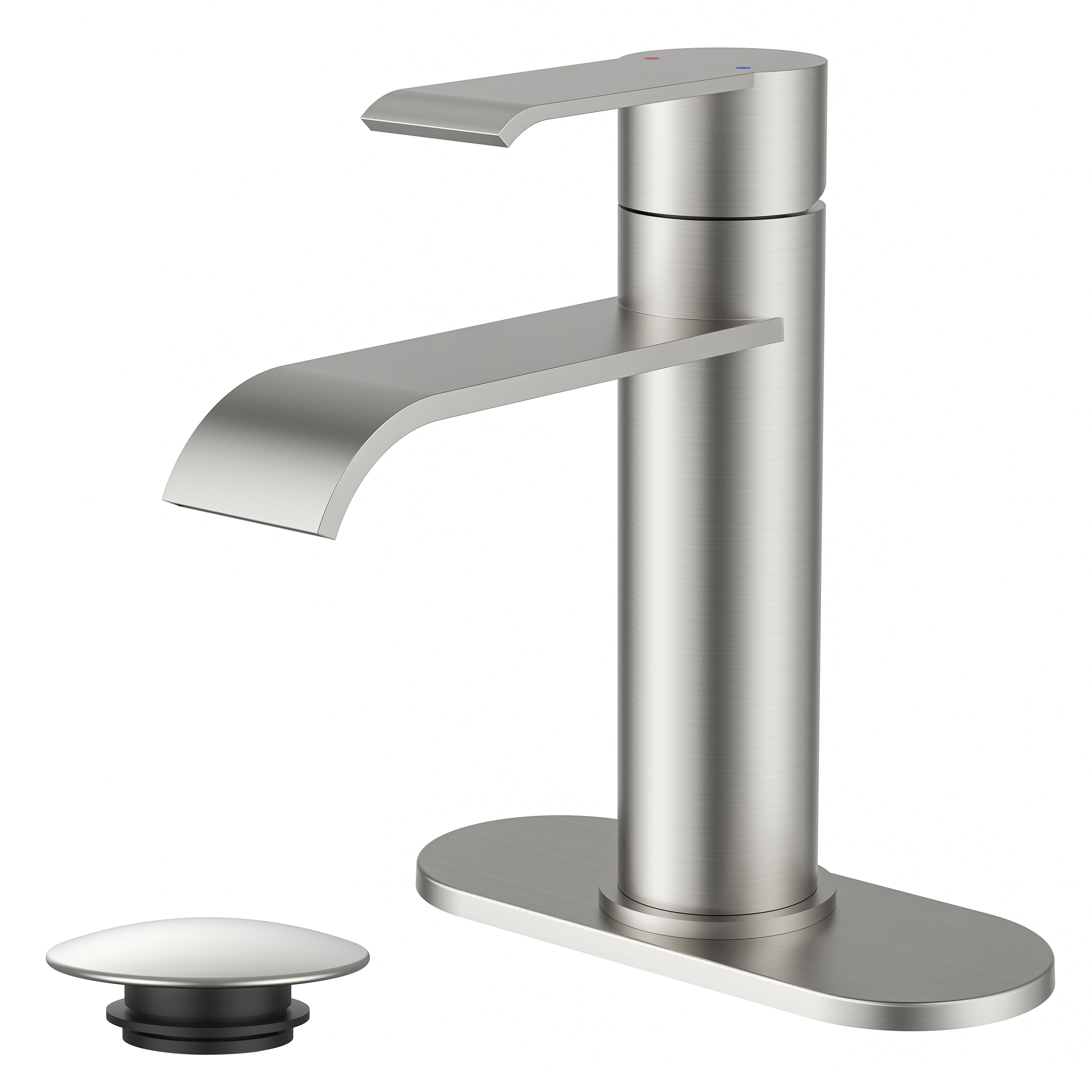 Forious Max FORIOUS Brshued Nickel Single hole 1 handle Waterfall Residential Handle Bathroom Sink Faucet with Drain with Deck Plate