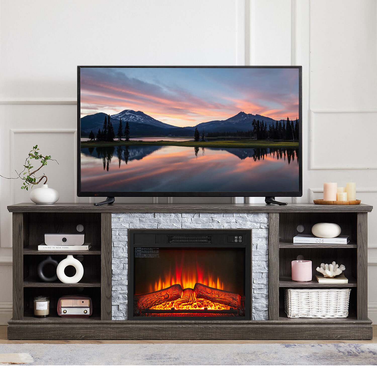 ToolCat PG2-14-PT 70-Inches W Cherry Free standing Fan-forced Corner or flat wall Electric Fireplace with Remote Control Included