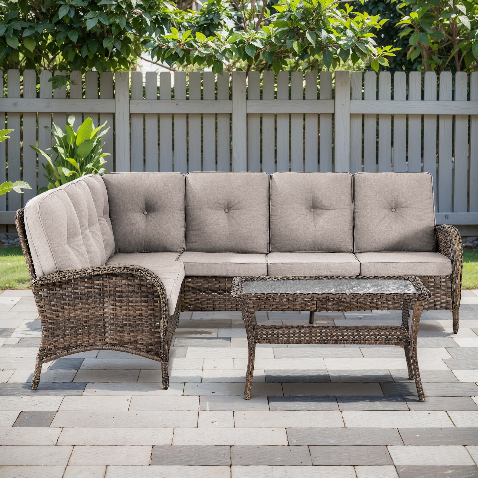 Jeehope PABR130LR50-2S PAnorama Series Wicker Outdoor Sectional with Beige Cushions and Steel Frame