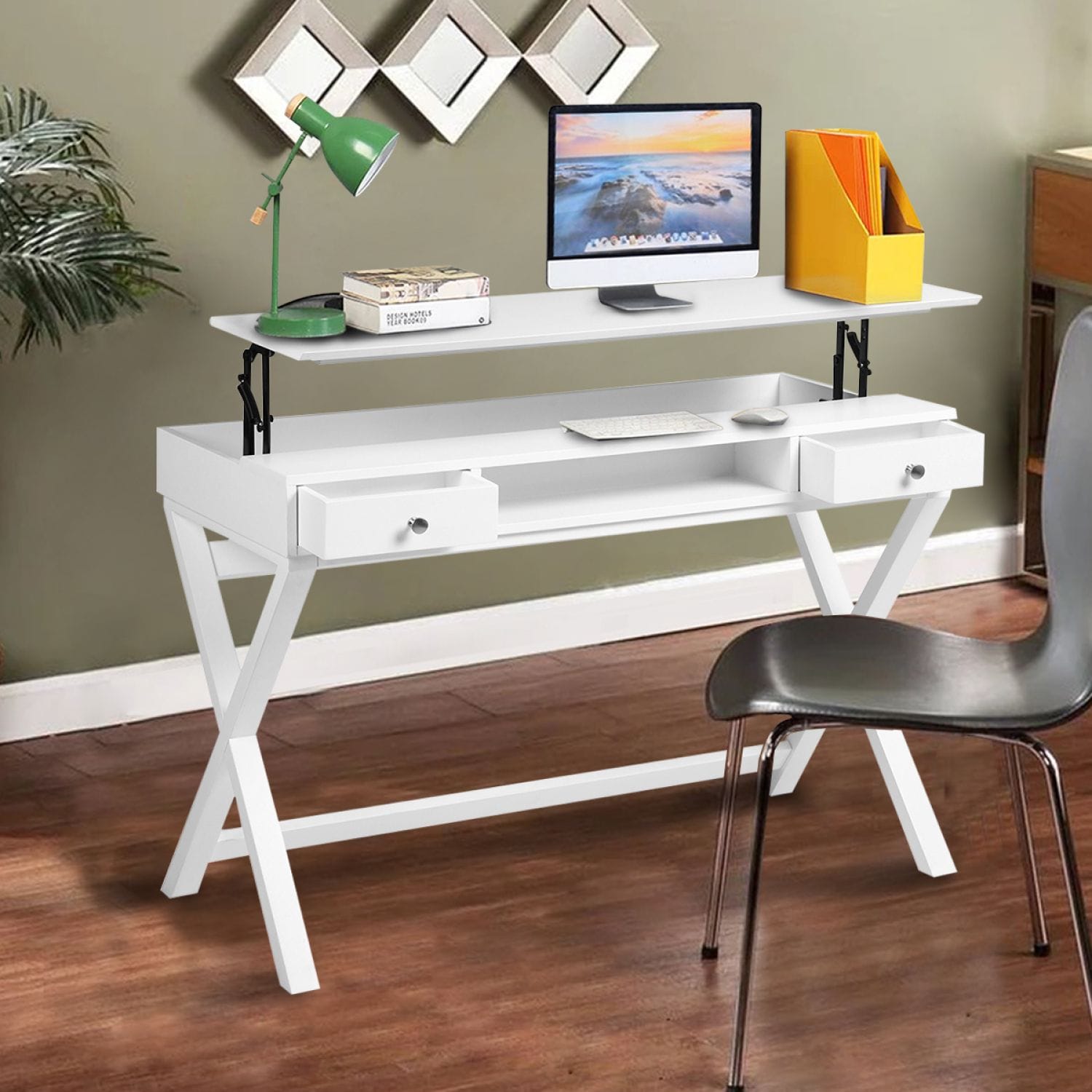 JASMODER Lift Desk With 2 Drawer Storage, Computer Desk With Lift 