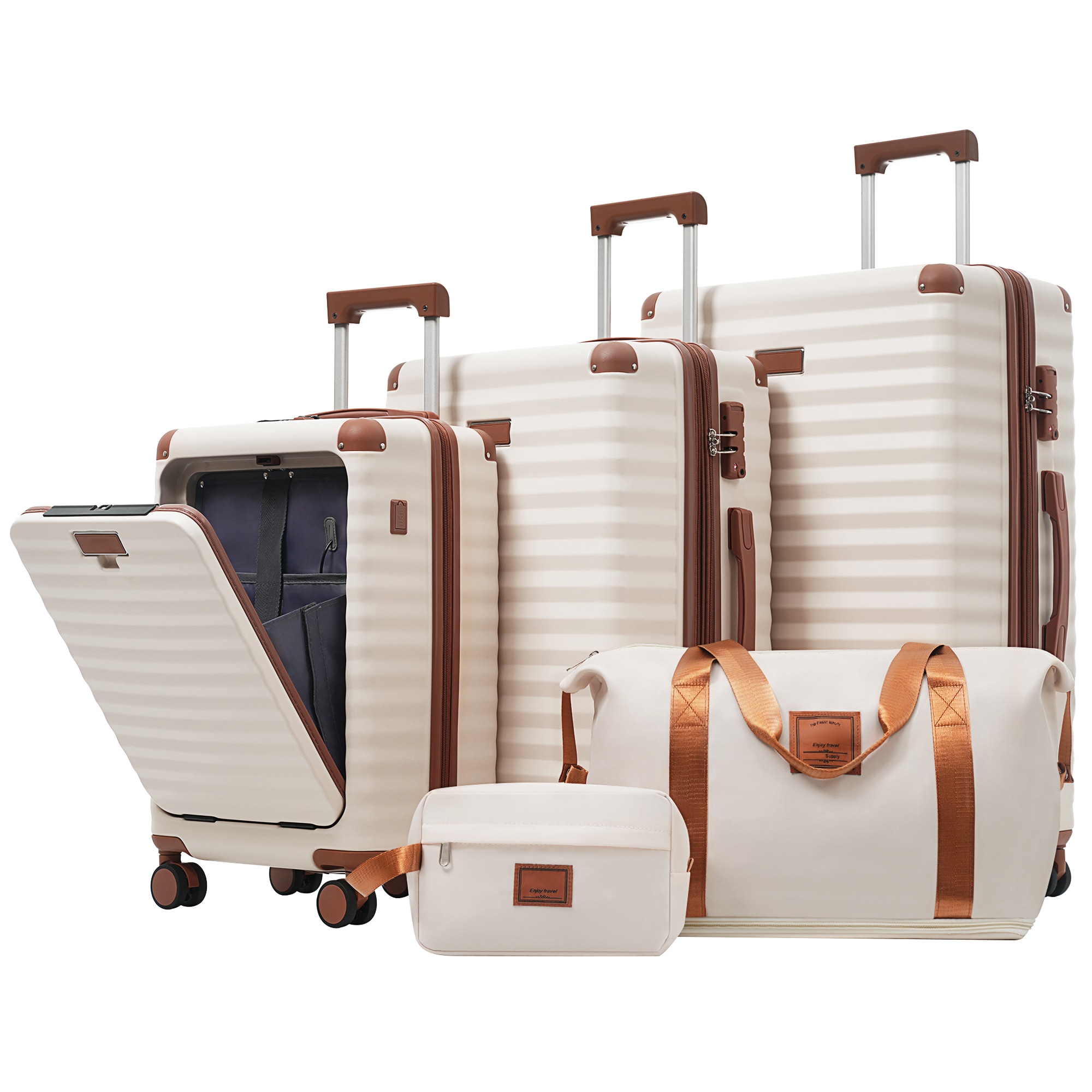 SINOFURN SYD9200003BD 18.5x11.6x28.9 Brown+White Plastic Hardshell Suitcase set 5 -Bag