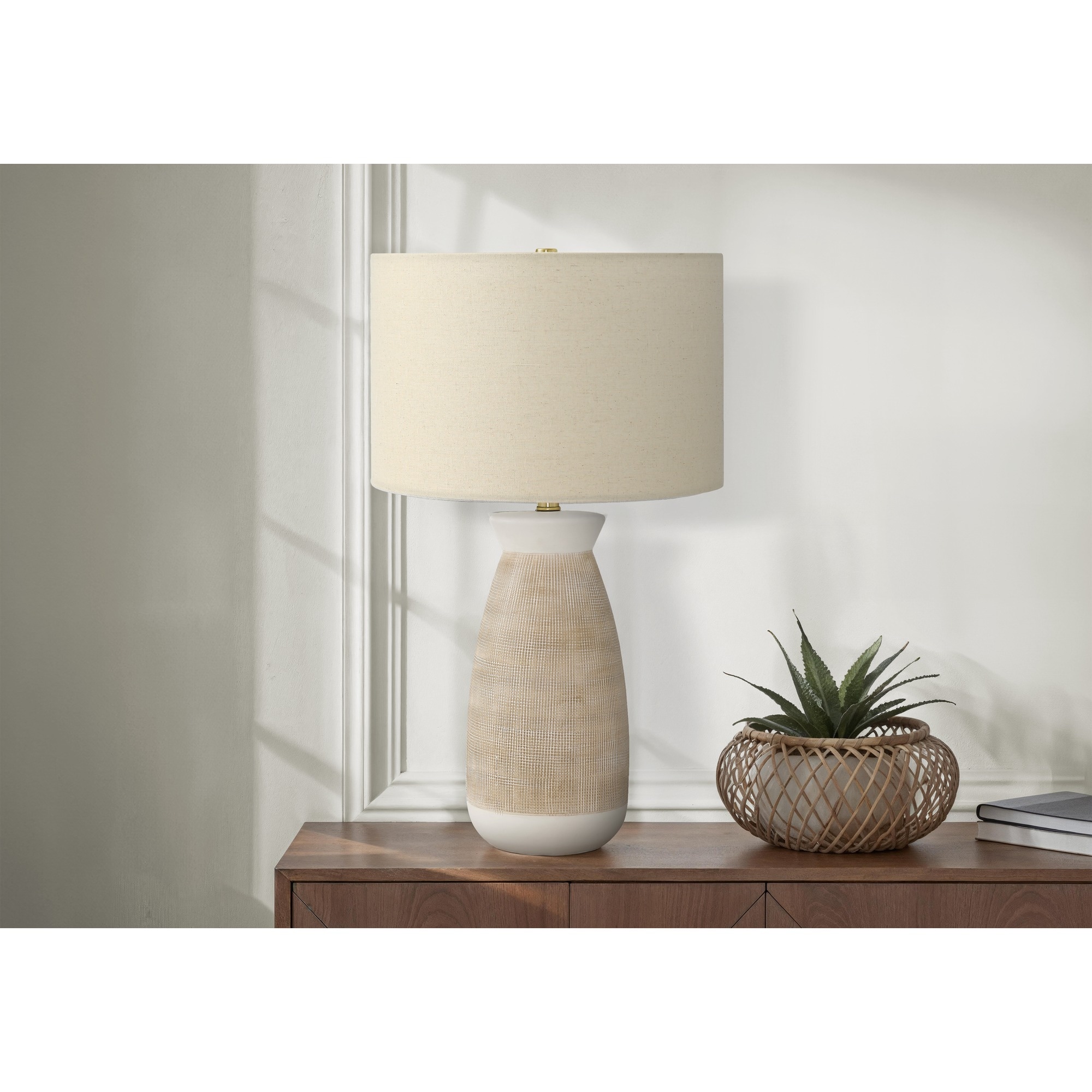HyperDrop Cart 27-in Cream Ceramic Table Lamp with Beige Shade for Contemporary Bedroom