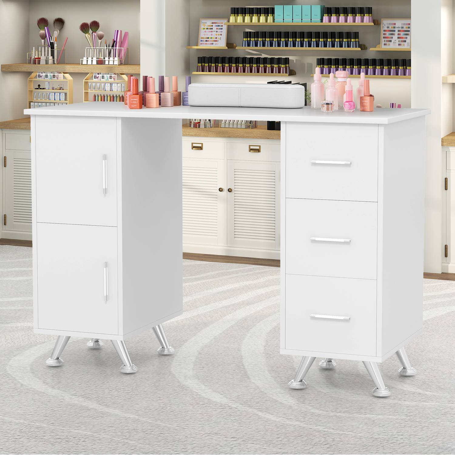 Costway CSHY001603 Wooden Nail Desk Station with Removable Wrist Rest Metal Legs and 3 Drawers 2 Cabinets White