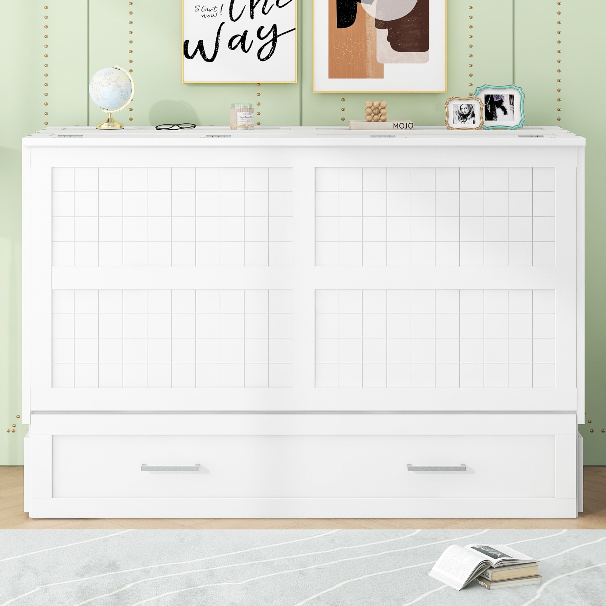 ModernLuxe SM000317AAK Queen Size Mobile Murphy Bed with Drawer and Little Shelves on Each SideWhite