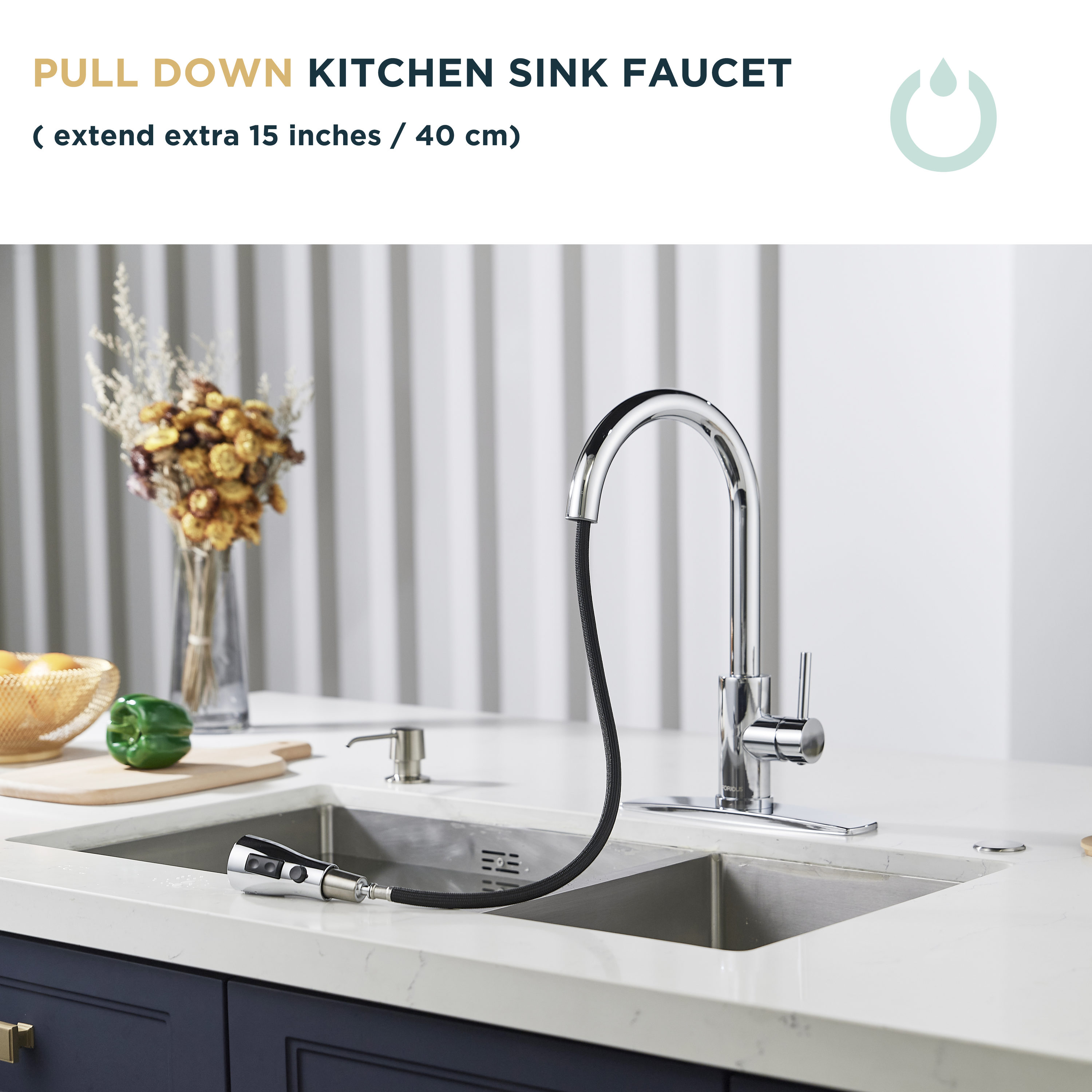 FORIOUS KItchen Faucet Chrome Single Handle Pull-down Kitchen Faucet ...