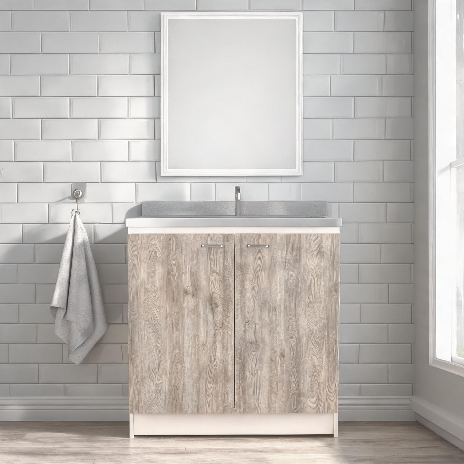 Naturefalls Single Basin Utility Sink with Double Door Cabinet in Particle Board and Stainless Steel Rectangular Basin for Kitchen Dishwashing