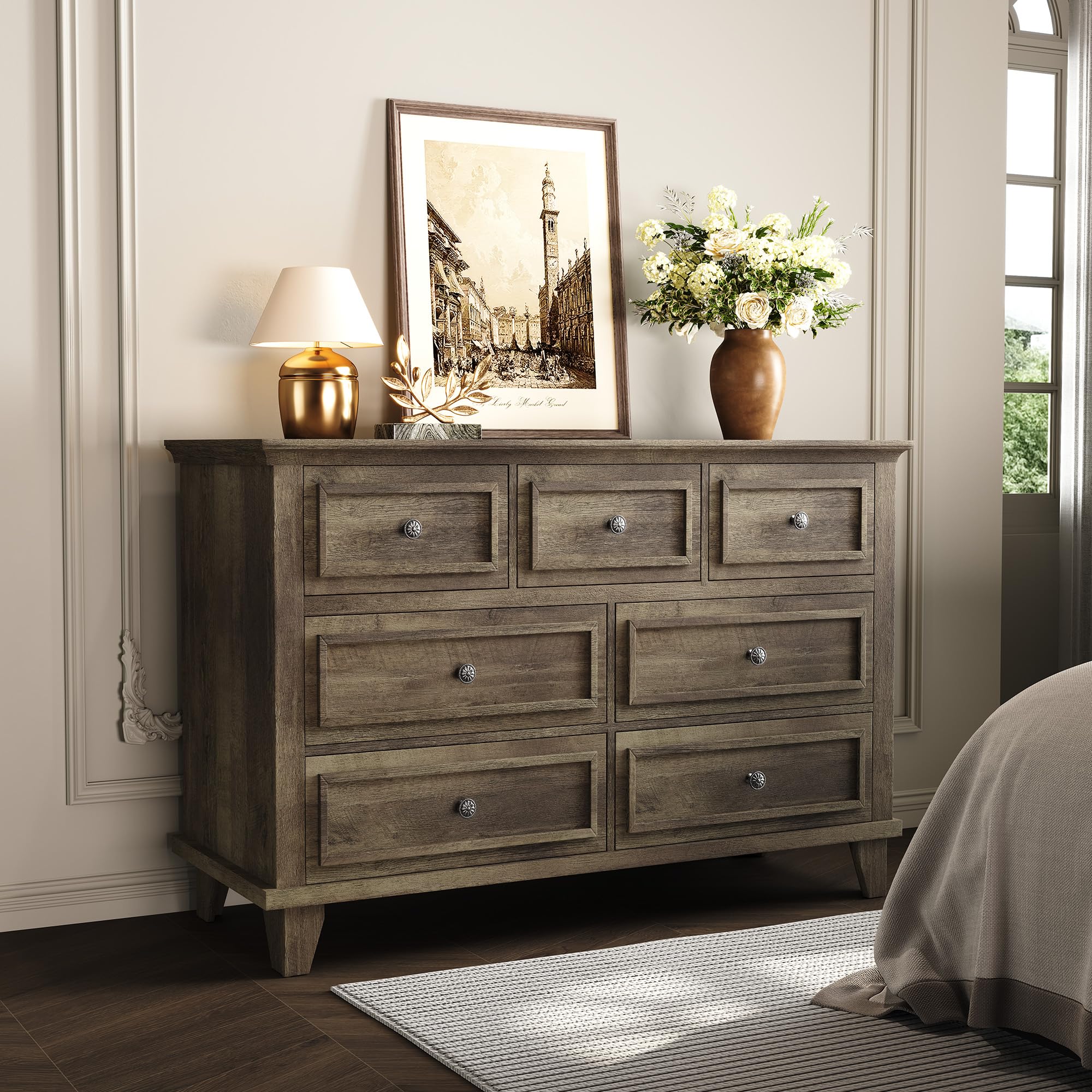 Garvee 7 Drawer Dresser 47 Inch Wide Deep Drawers Metal Handle Thickened Desktop Rustic Wood Gray for Bedroom Hallway Entryway Closet