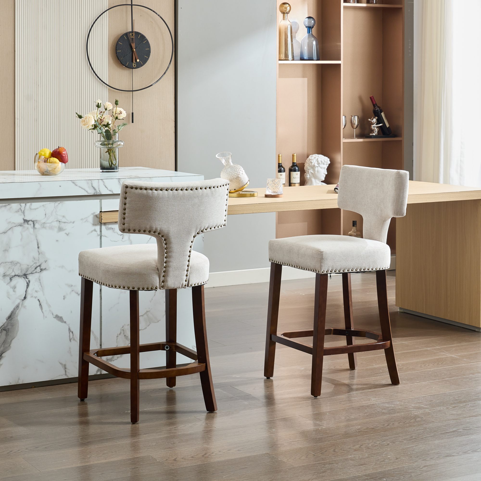 LOVMOR SF-Y-W1143P296347 Mid Century Modern Counter Height Bar Stools Set of 2 Farmhouse Linen Fabric Upholstered Accent Chair Curved Backrest with Copper Nails aroundKitchen Chairs with Hardwood Frame Beige