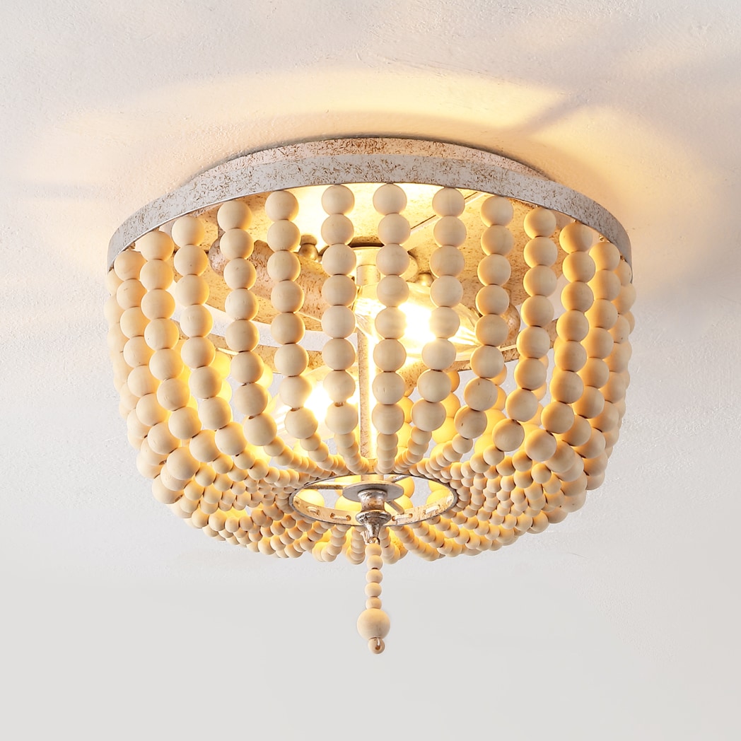 Antique Silver and Cream Wood Beaded Farmhouse Flush Mount Light