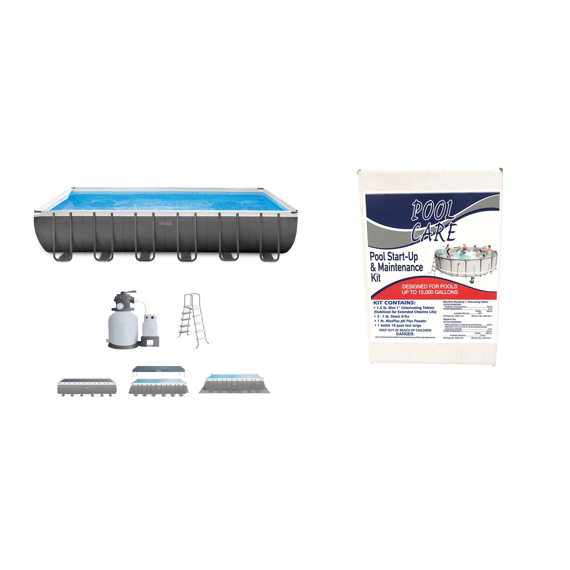 Intex 141836 24-ft x 12-ft x 52-in Metal Frame Rectangle Above-Ground Pool with Filter Pump,Ground Cloth,Pool Cover and Ladder