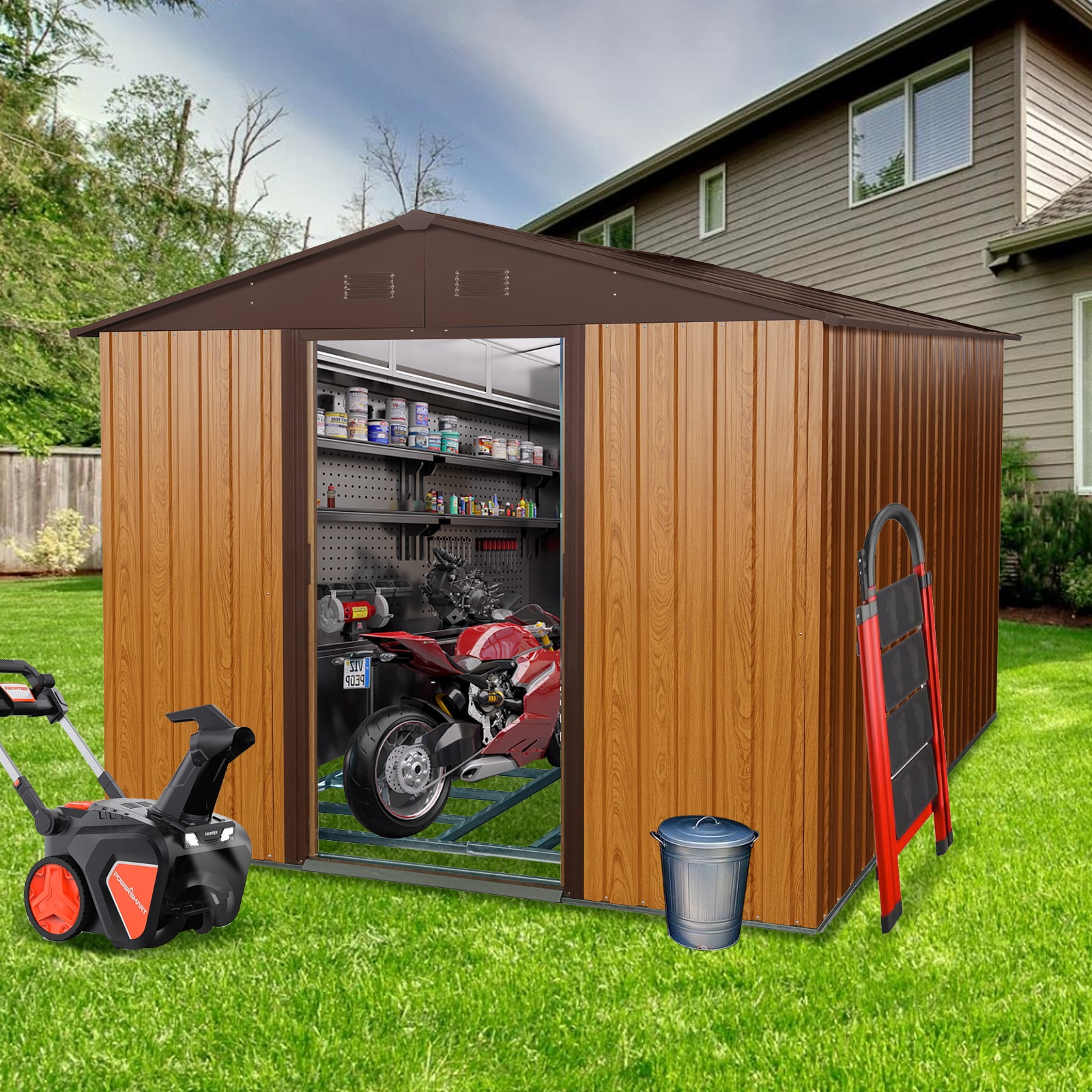 LOVMOR SF-M-W540S00015 8ft x 10ft Outdoor Metal Storage Shed with Metal Foundation Coffee