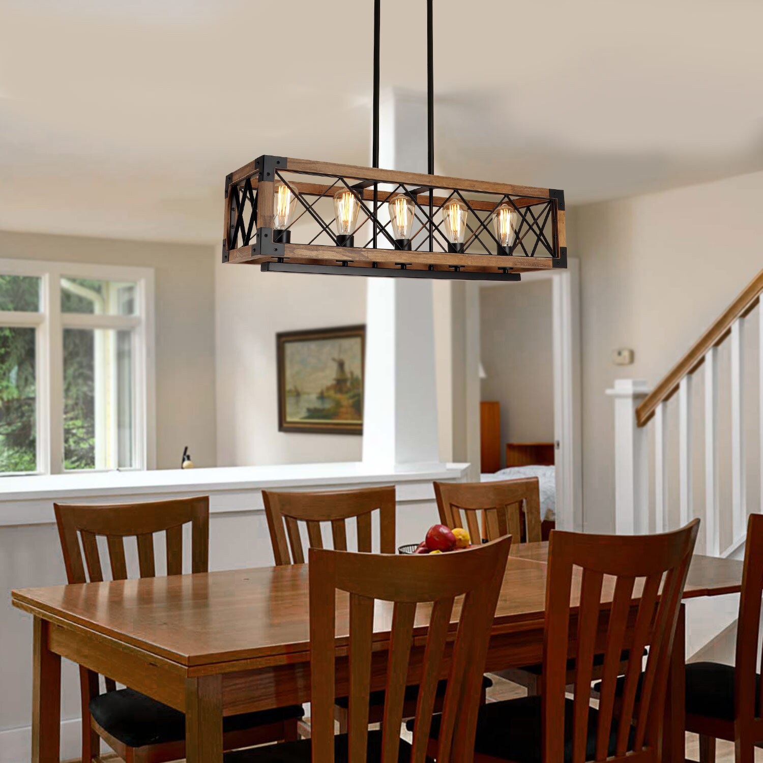 Rustic Black and Brown Wood Cage 5-Light Chandelier