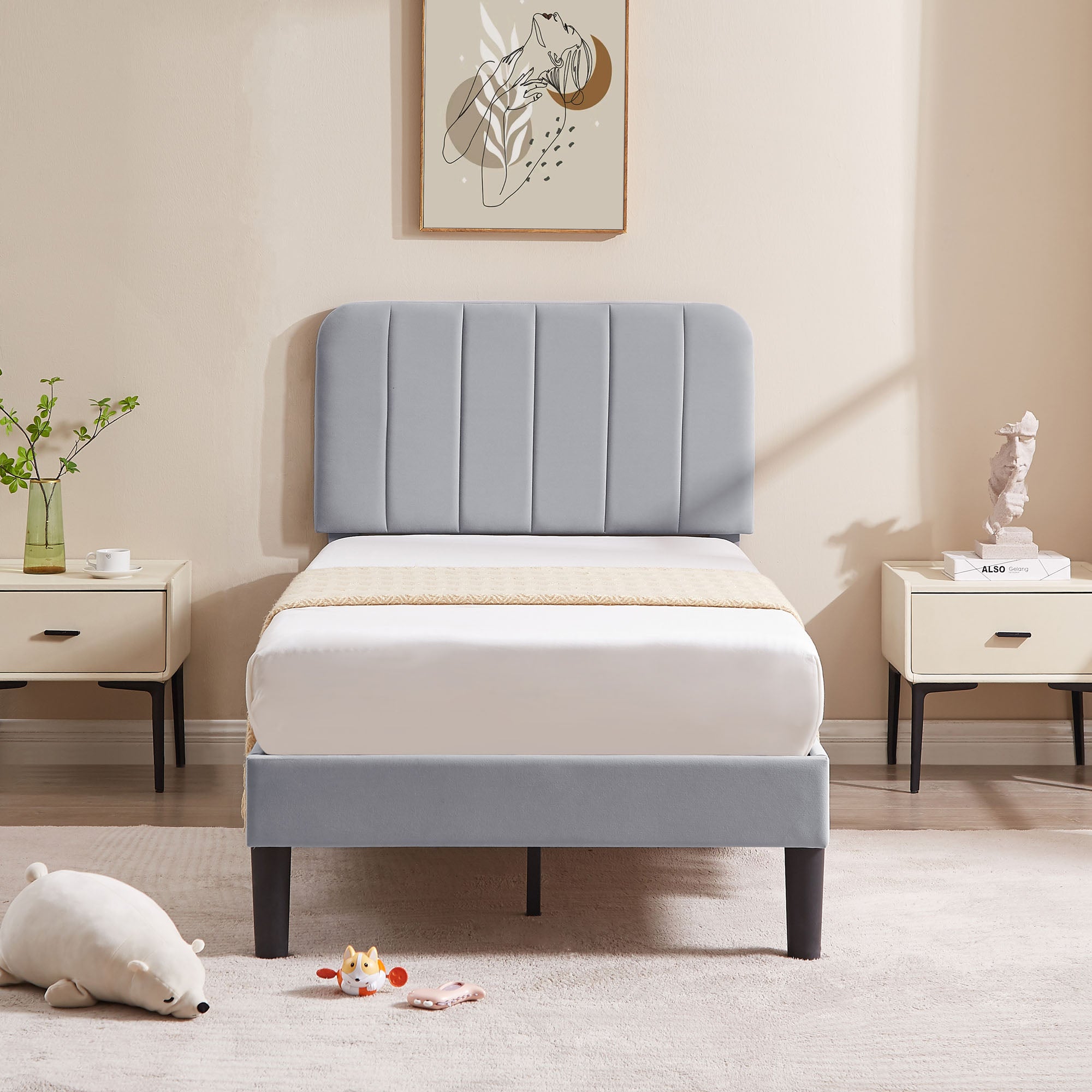 Vecelo LOE-CY-TB01-LGRY Twin Size Queen Bed Frame Velvet Upholstered Platform with Adjustable Headboard Wooden Slat Light Gray