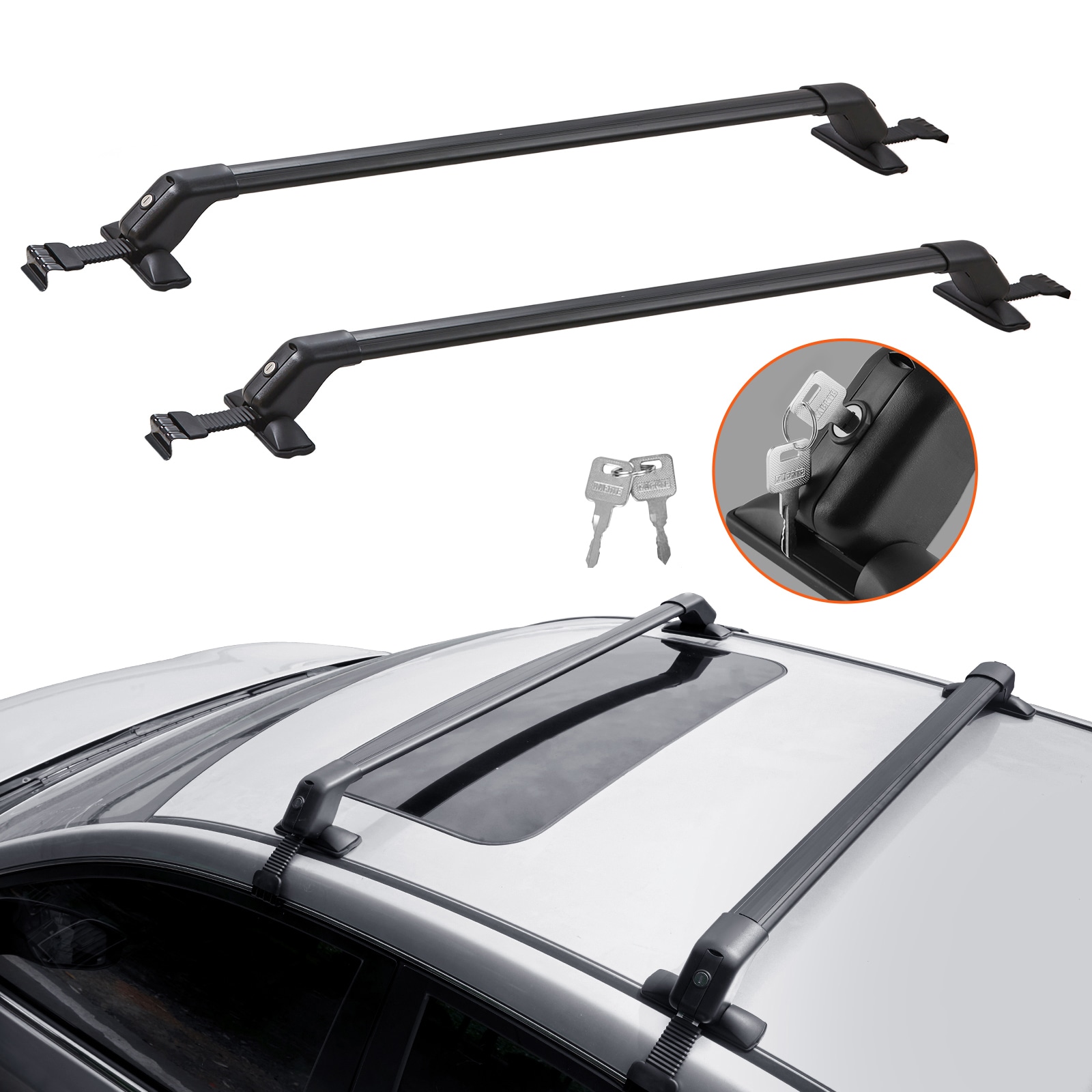 VEVOR SCCDHGJTYKTY01804V0 Universal Roof Rack Cross Bars  41.3in  Aluminum Roof Rack Crossbars  Fit Roof without Side Rail  155 lbs Load Capacity  Adjustable Bare Roof Crossbars with Locks  for SUVs  Sedans  and Vans