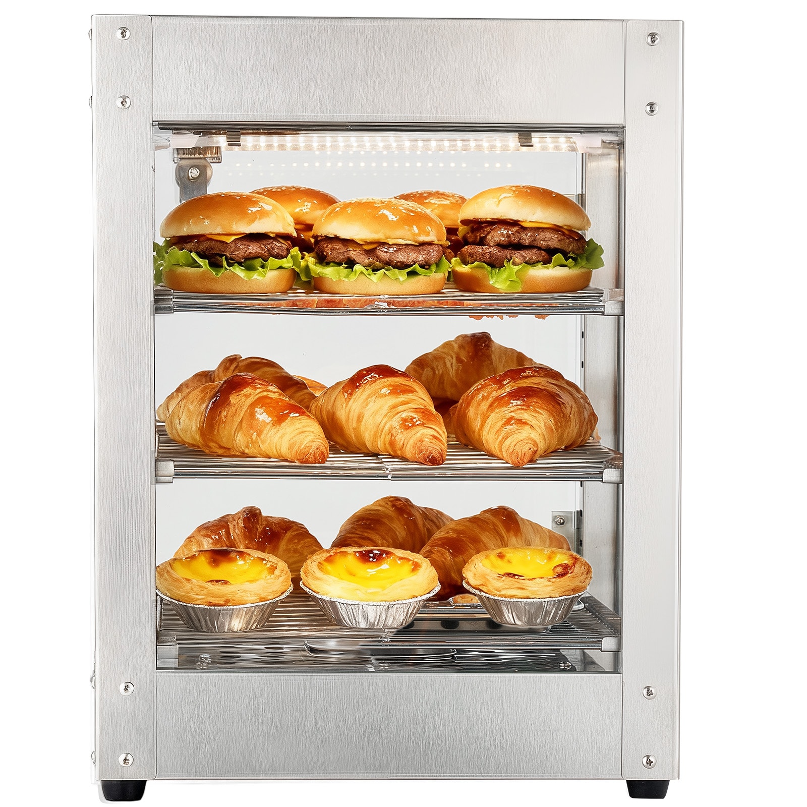 VEVOR SCTYZSJBXGS314846V1 3-Tier Commercial Food Warmer Display 800W Food Display Warmer with LED Light Adjustable Shelf and Stainless Steel Frame 86 degrees Fahrenheit to 185 degrees Fahrenheit Air Heating 34L for Hamburger Pizza Bread Fried Chicken
