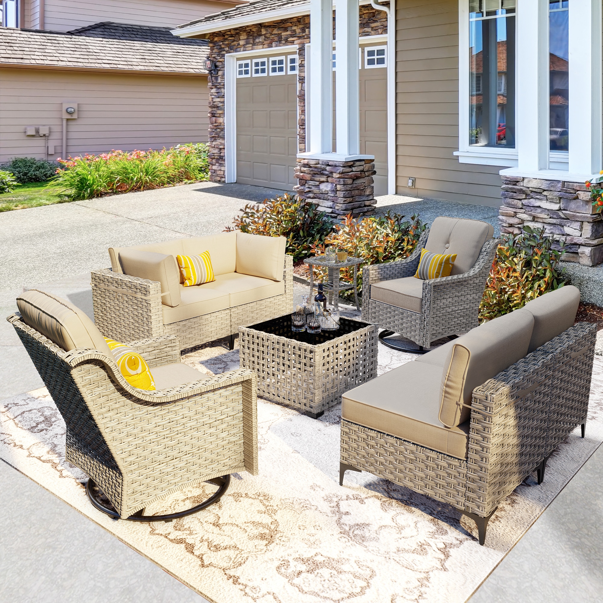 XIZZI XISKT6054-RC3 Amber 8 -Piece Rattan Patio Conversation Set with Off-white Cushions