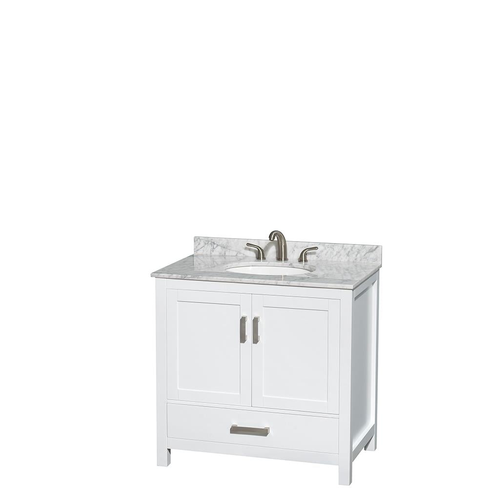 Wyndham Collection WCS141436SWHCMUNOMXX Sheffield 36-in White with Brushed Chrome Trim Undermount Single Sink Bathroom Vanity with White Carrera Natural Marble Top