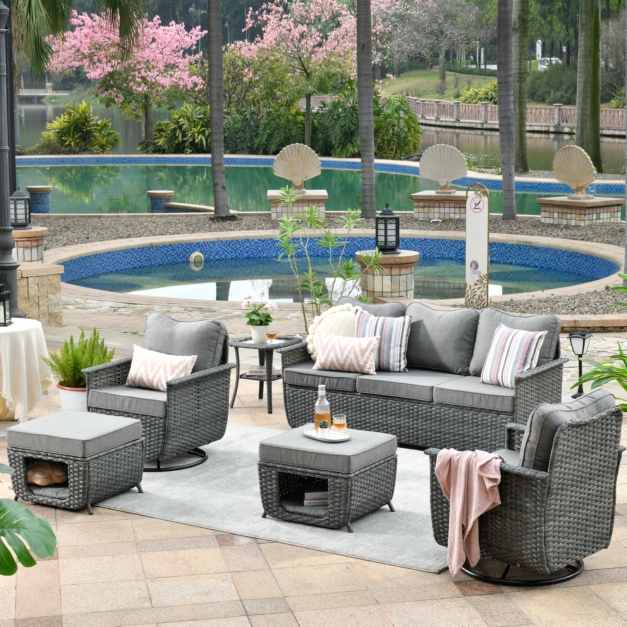 Ovios BP-206Y Nature 6 -Piece Wicker Patio Sofa Conversation Set with Gray Cushions