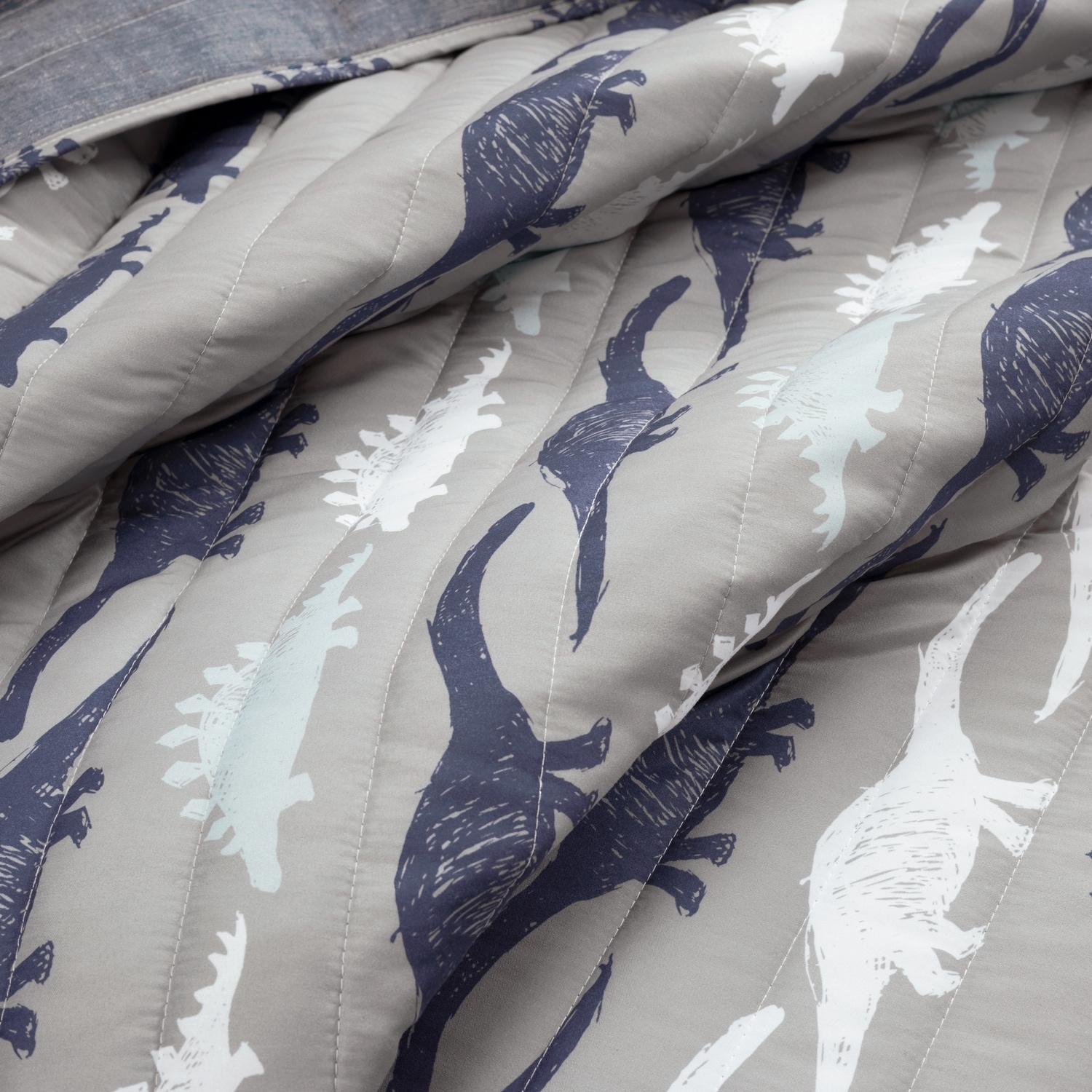 Navy and Gray Dinosaur Reversible Twin Microfiber Quilt Set