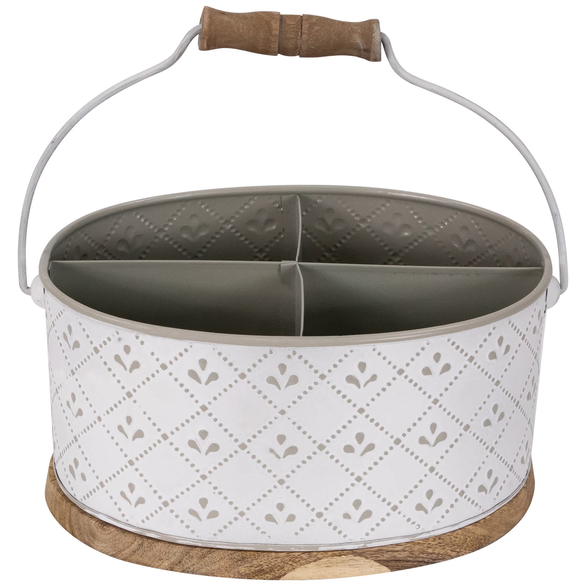 Northlight 10 inch White Oval Embossed Utensil Caddy with Handle and Wood Base