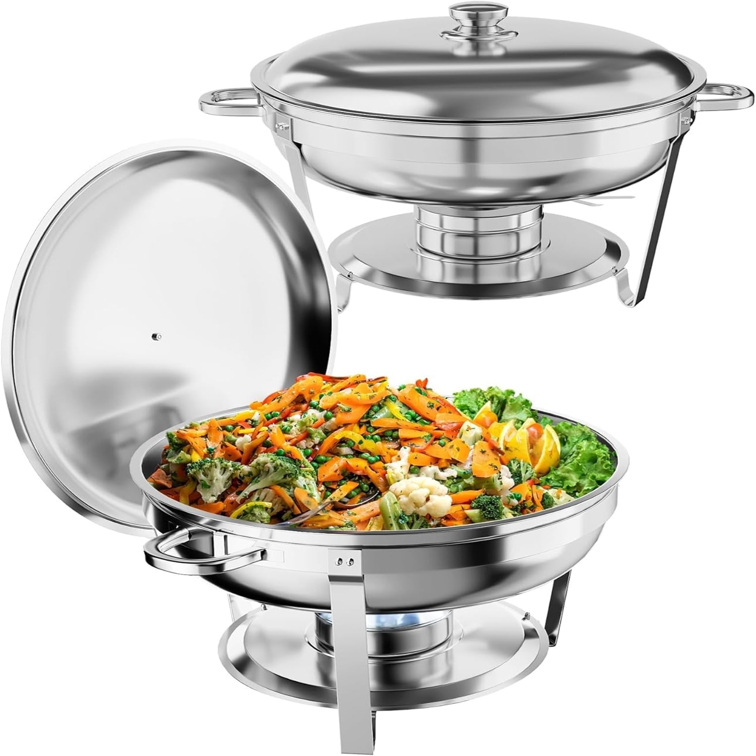 Garvee HQ-5-K3-4DPH-SKJ5 4-Pack 5QT Stainless Steel Round Chafing Dish Set Complete Buffet Food Warmer with Water Pan Food Pan Lid and Frame for Catering Parties and Events
