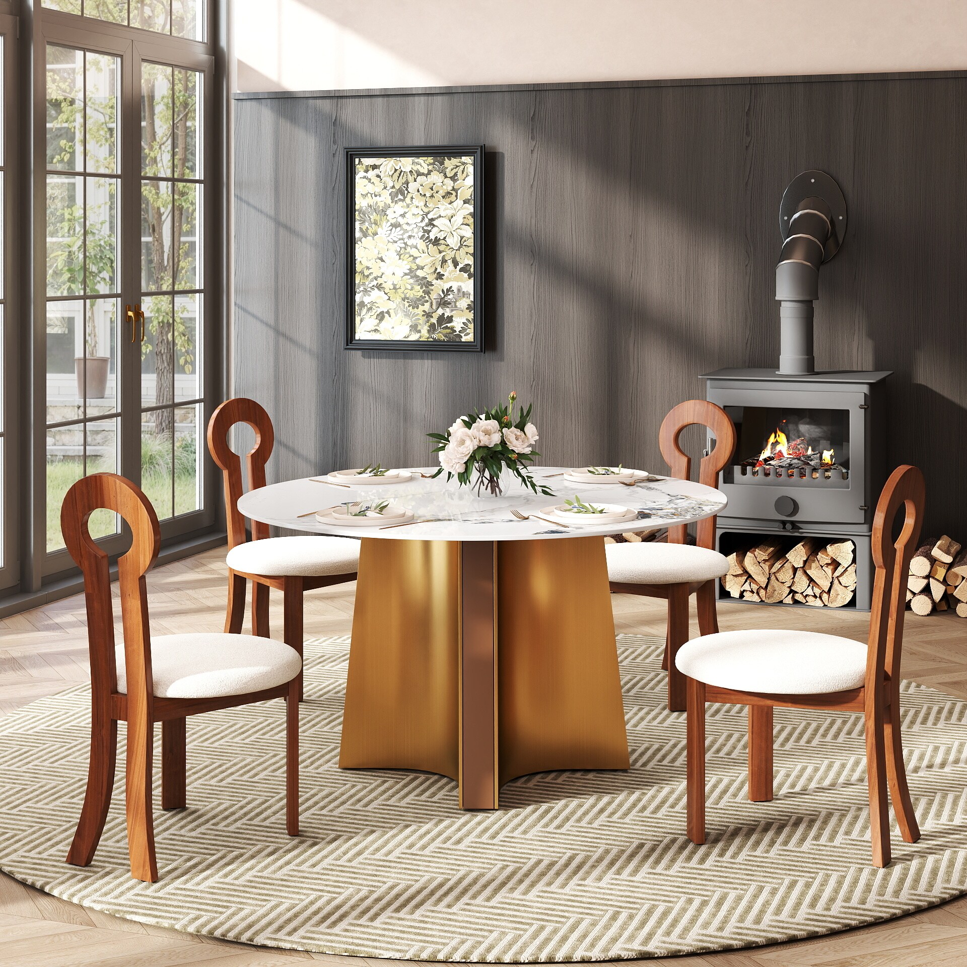 BuotiqHom DH-B-135F-1G Ink Round Contemporary/Modern Dining Table, Ceramic with Primed Steel 53-Inches L x 29.5-Inches H