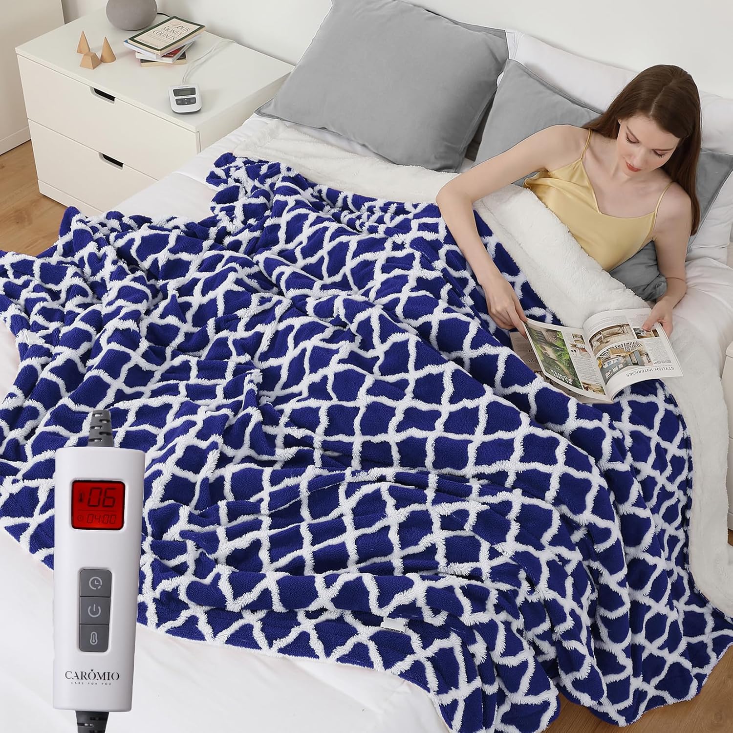 GAOMON Full Sherpa Heated Blanket 72x84 In Tufted Electric Blanket 6 Heat Settings 20 Timer Settings Full Navy BLue