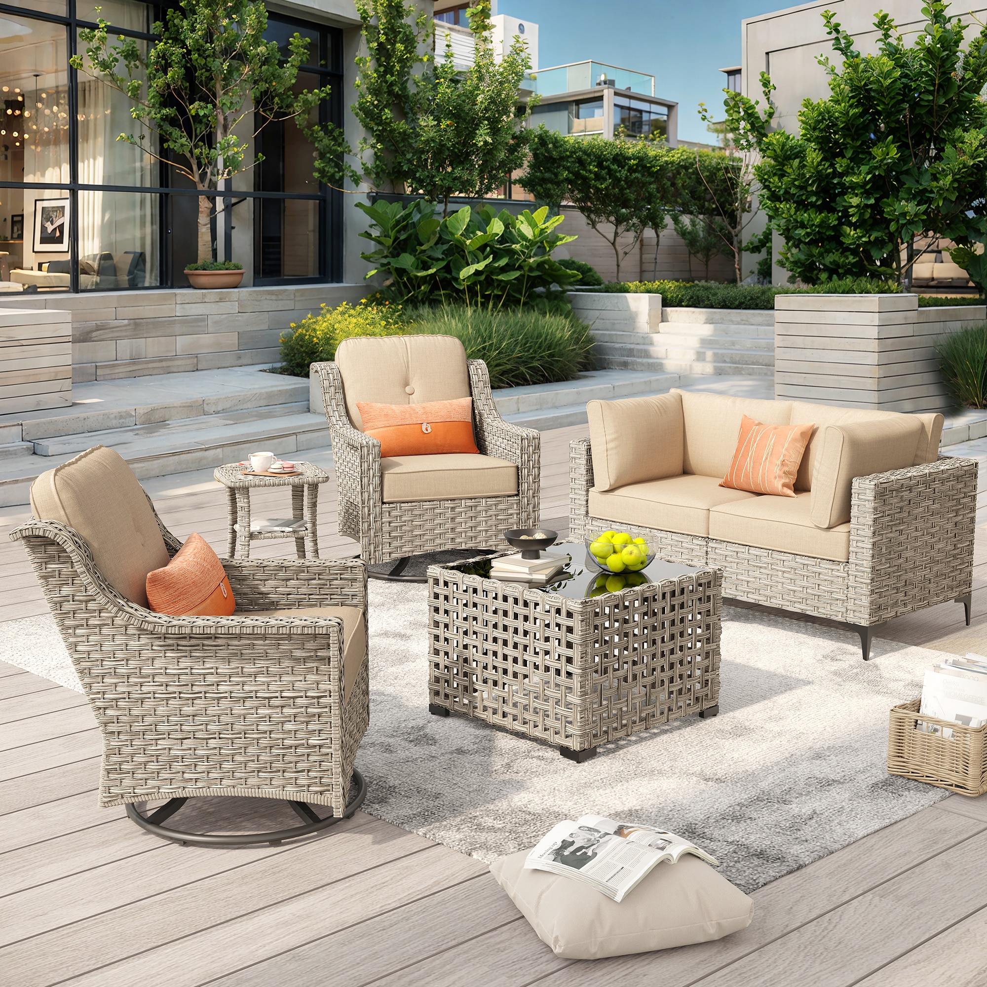 Caodoc L5-YZSKT606-1 SKT Wicker Outdoor Sofa with Beige Cushions and Wicker Frame