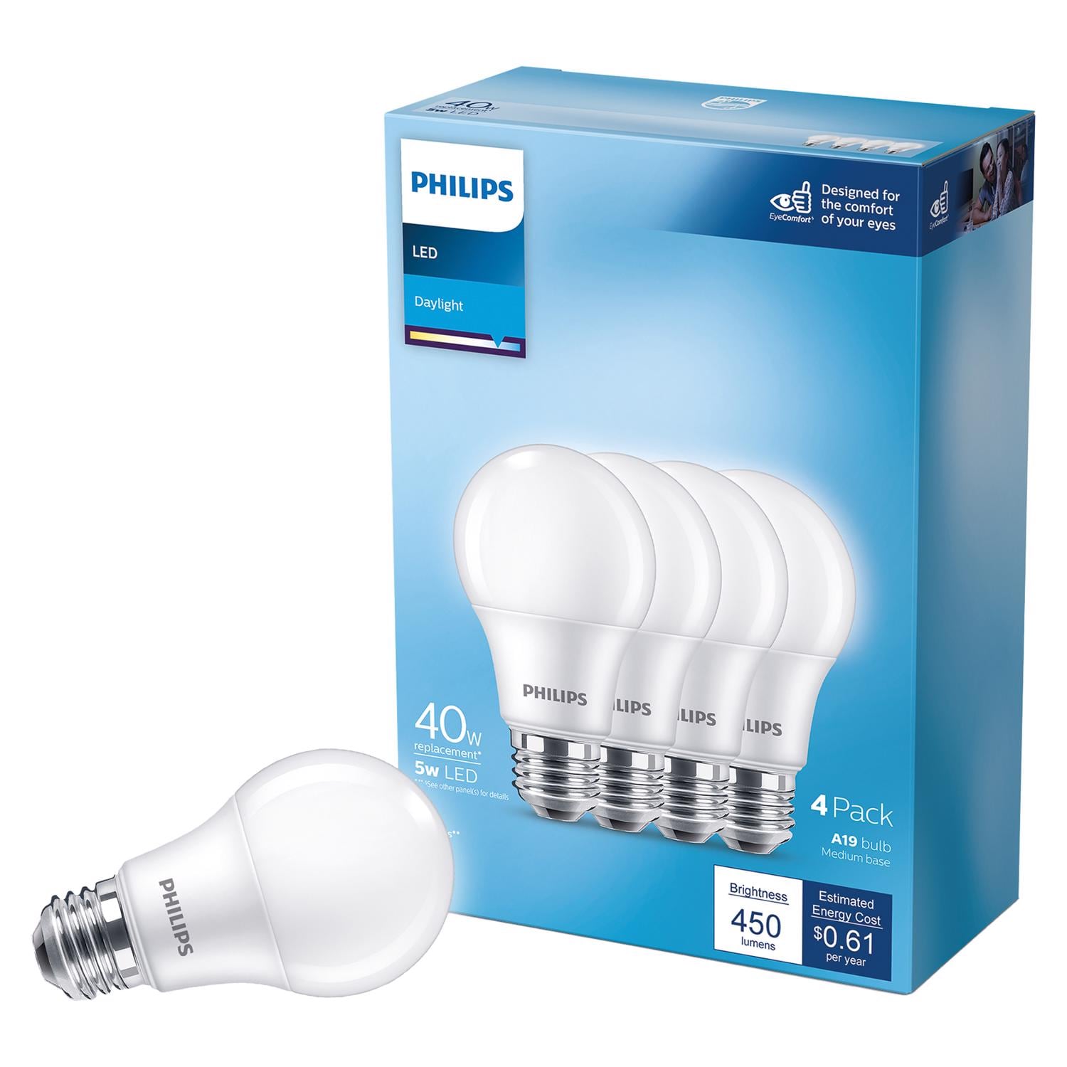 Philips EJD3013962 A19 E26 Medium LED Bulb Daylight 40 Watt Equivalence 4 pk