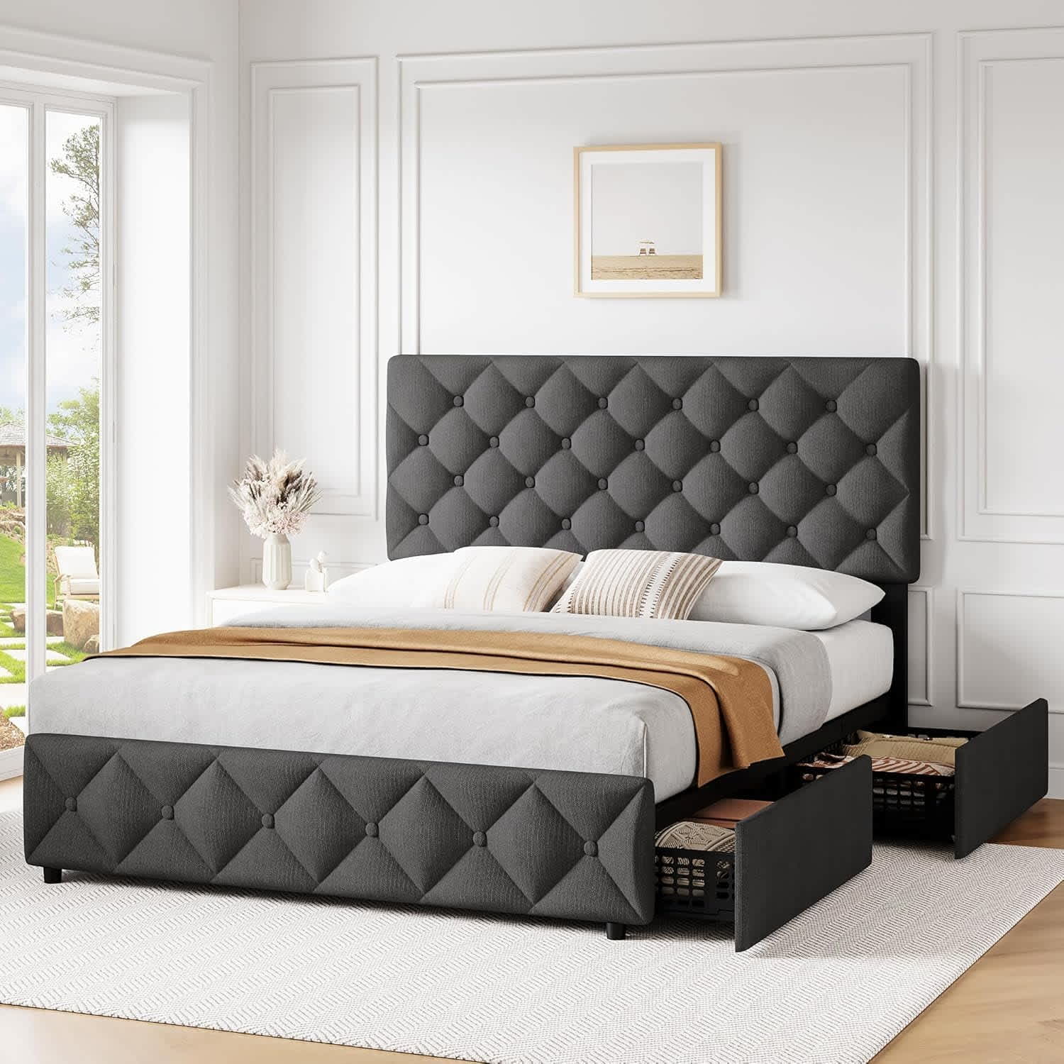 Qeetex LHF-BED-PHO-0ZIEJK6S Queen Size Bed Frame with 4 Storage Drawers and Adjustable Headboard Linen Upholstered Platform Bed Frame Diamond Stitched Button Tufted No Box Spring Needed Dark Grey