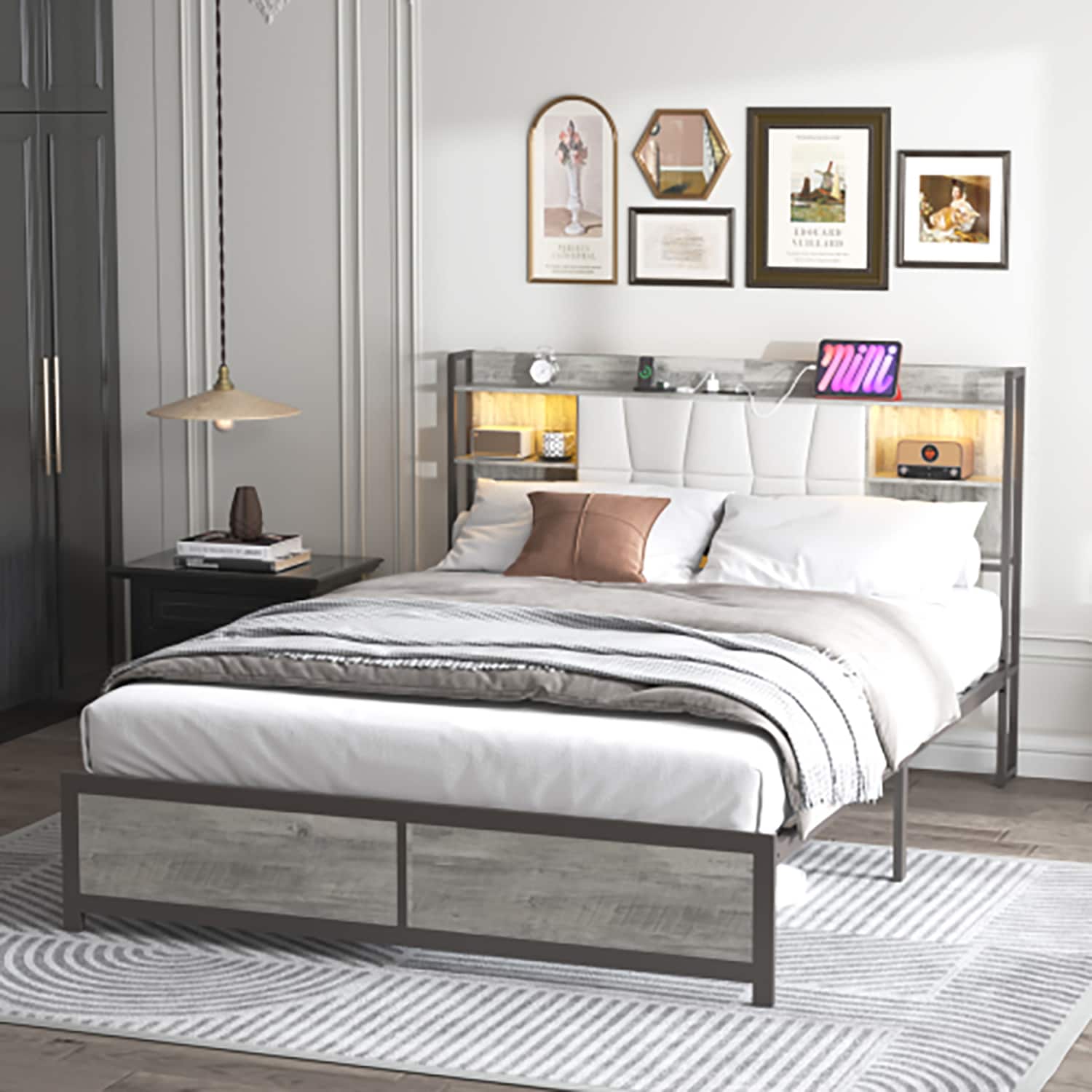 GZMR GZ-LF3028B King Size Metal Bed Frame Dark Oak King Metal Bed frame Bed