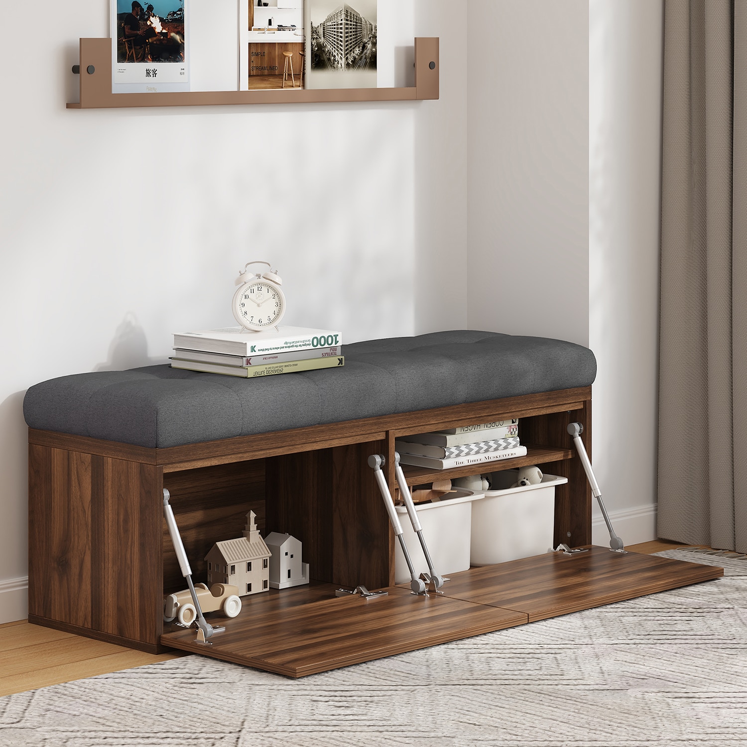 Mondawe MO-OR9586E Modern Gray Storage Bench with Storage 49-in x 15-in x 18-in