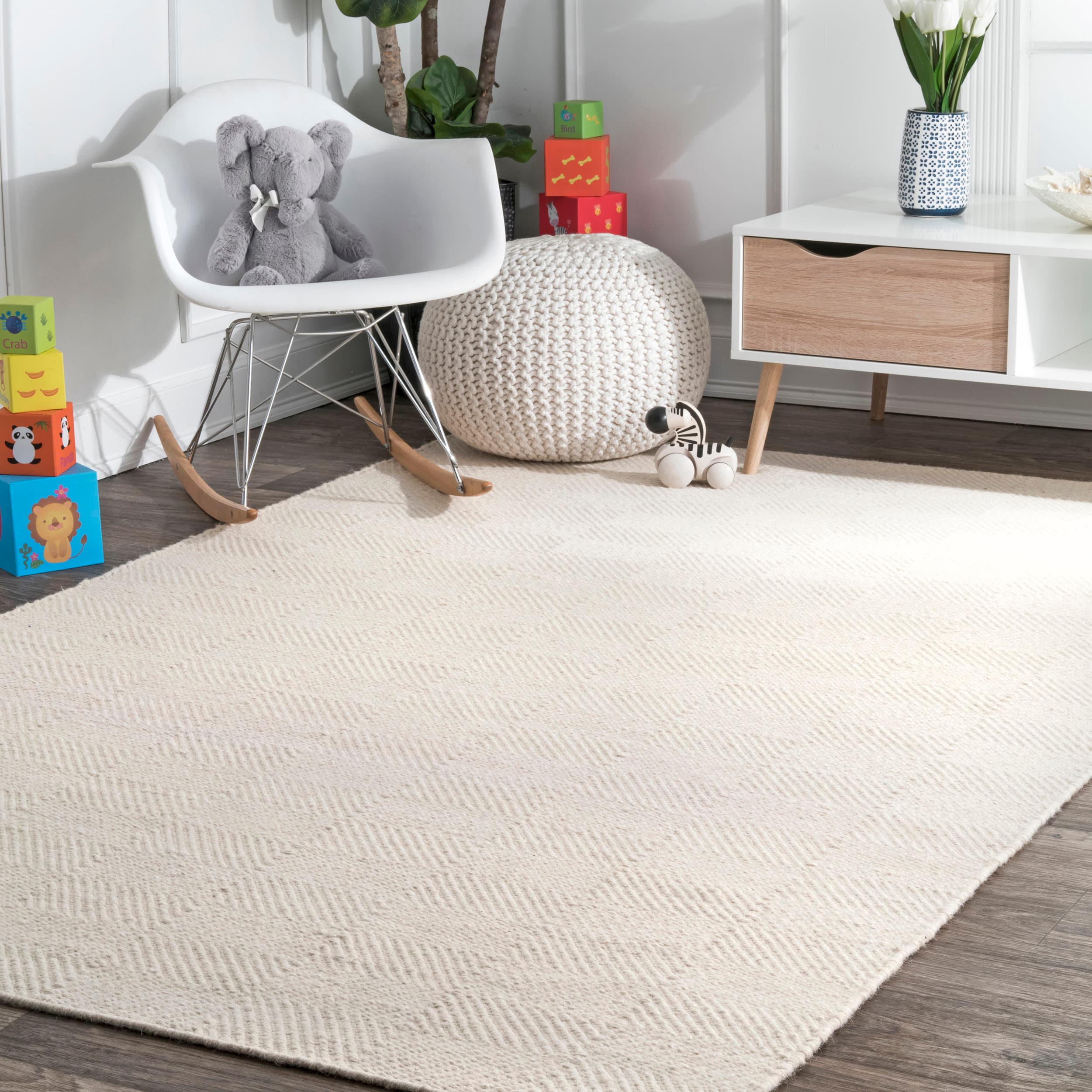 Cream Geometric Tufted Wool Area Rug, 5' x 8'