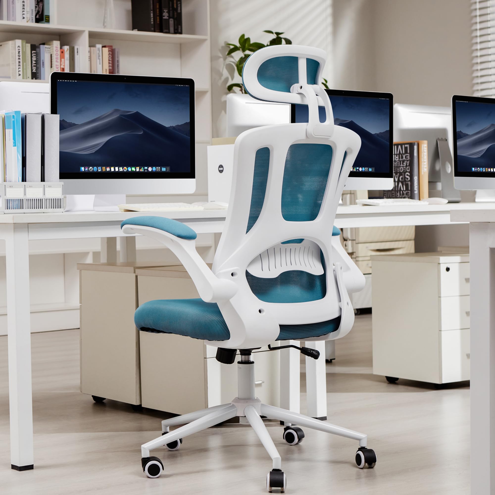 LTMATE LS35123703 Lake Blue + White Transitional Ergonomic Adjustable Height Swivel Foam Desk Chair