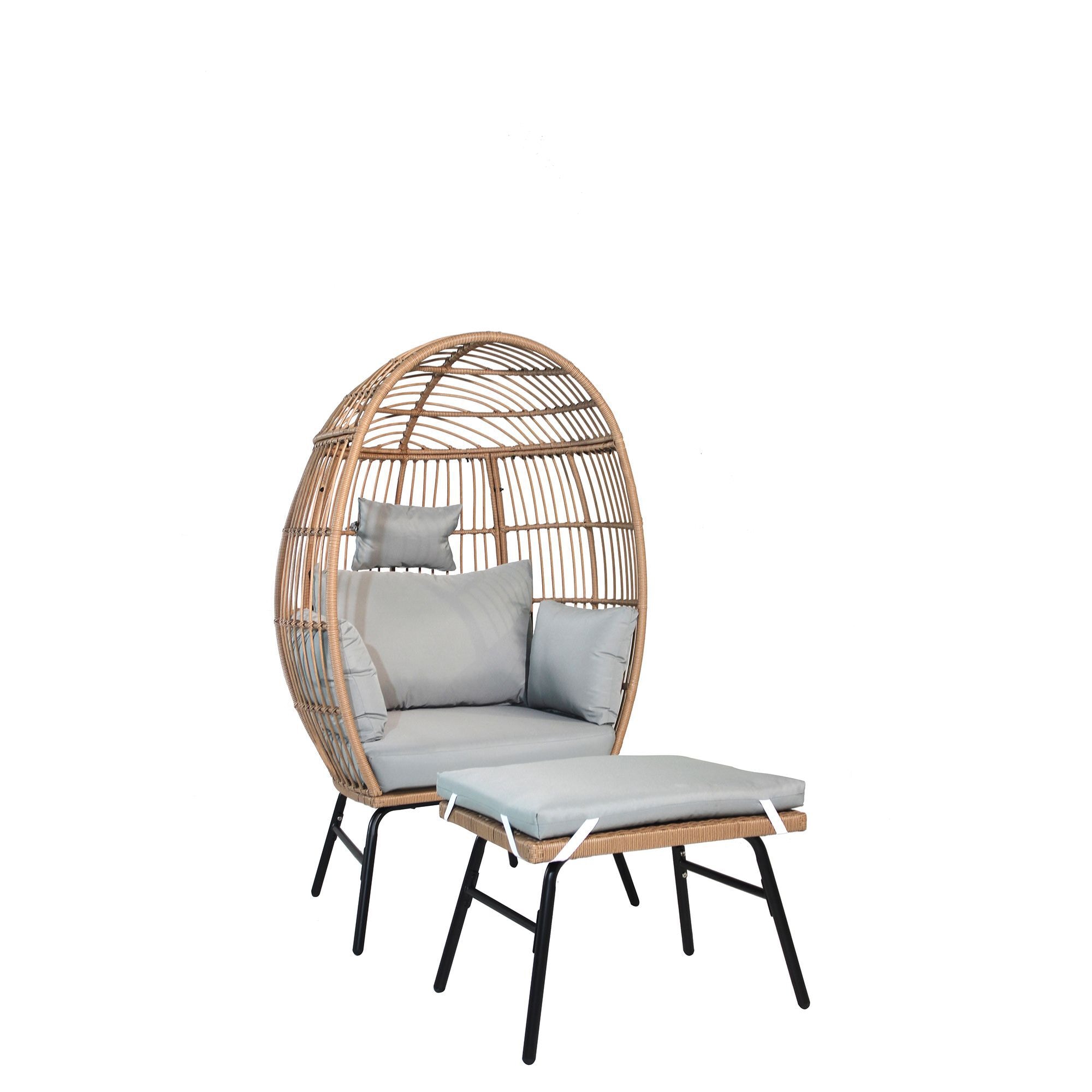 Miki Shinly TW-1815-02MI Egg chair Wicker Natural Steel Frame Stationary Egg Chair with Gray Cushioned Seat