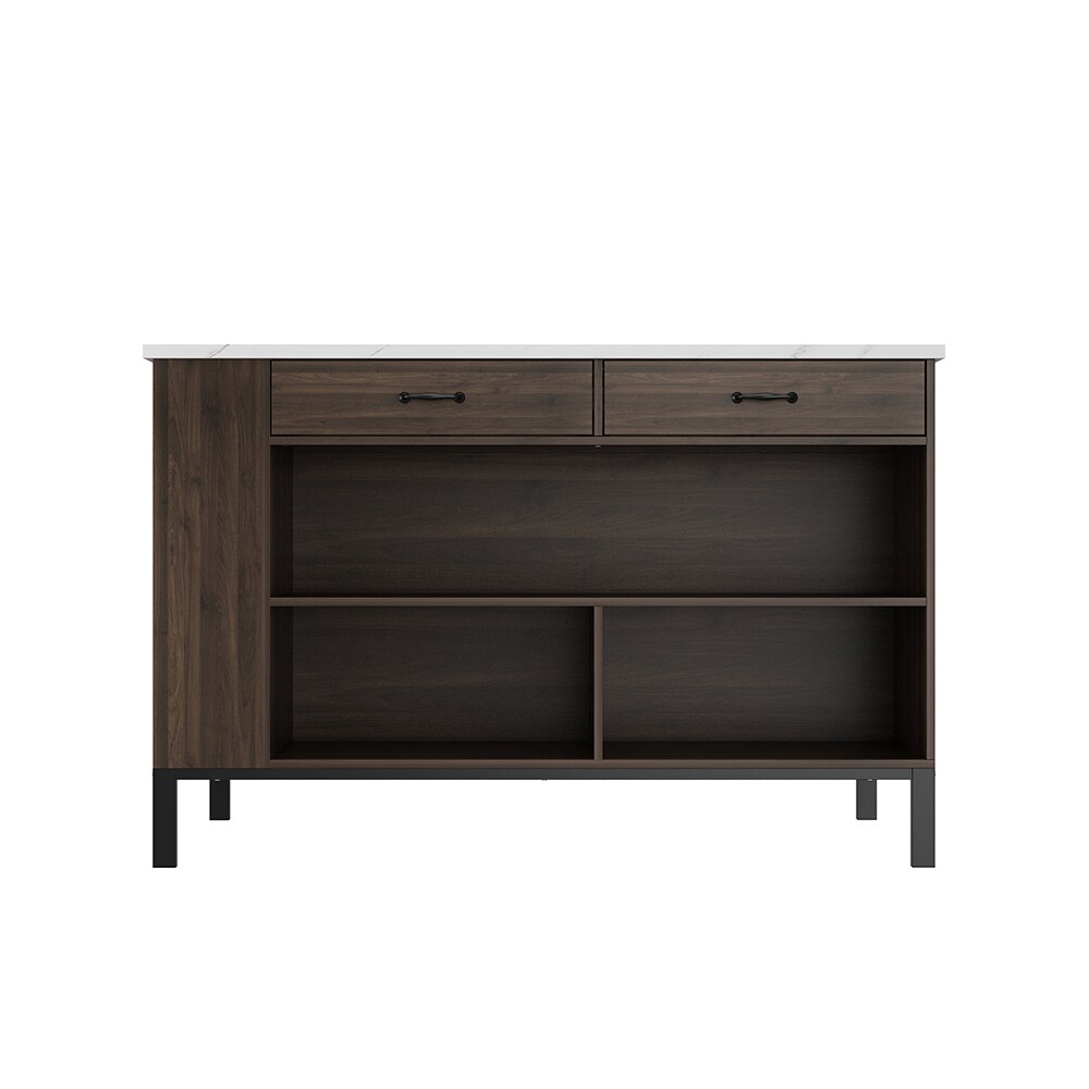 Homsee V-KF200213-01+02 Kitchen Island with Marble Countertop Open Shelves Drawers and Black Retro Handles for Storage 55.1''L x 30''W x 36''H Brown