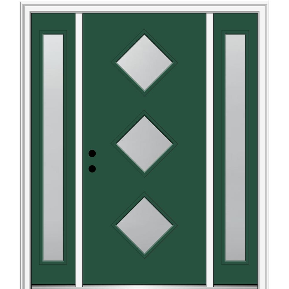 MMI DOOR ZZ350359R Spotlights 64-in x 80-in x 6-9/16-in Fiberglass Pulse lite Right-hand inswing Hunter Green Painted Prehung Front Door with Sidelights with Brickmould Insulating core